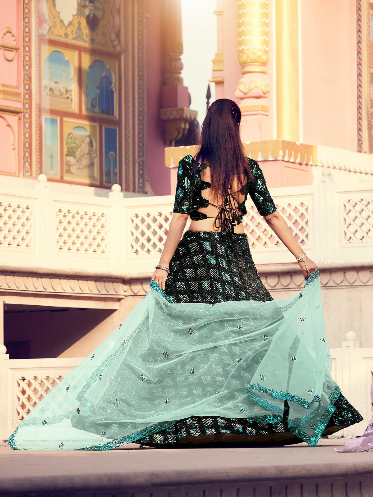 Black Elegant Semi Stitched Lehenga With Unstitched Blouse
