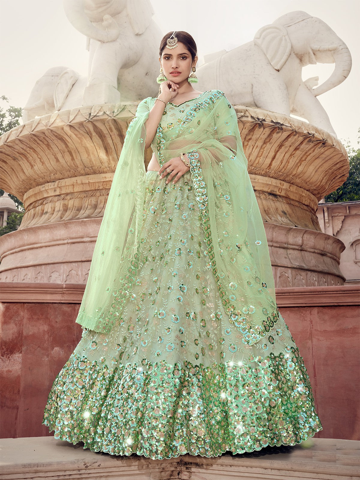 Green Sequins Sassy Semi Stitched Lehenga With Unstitched Blouse