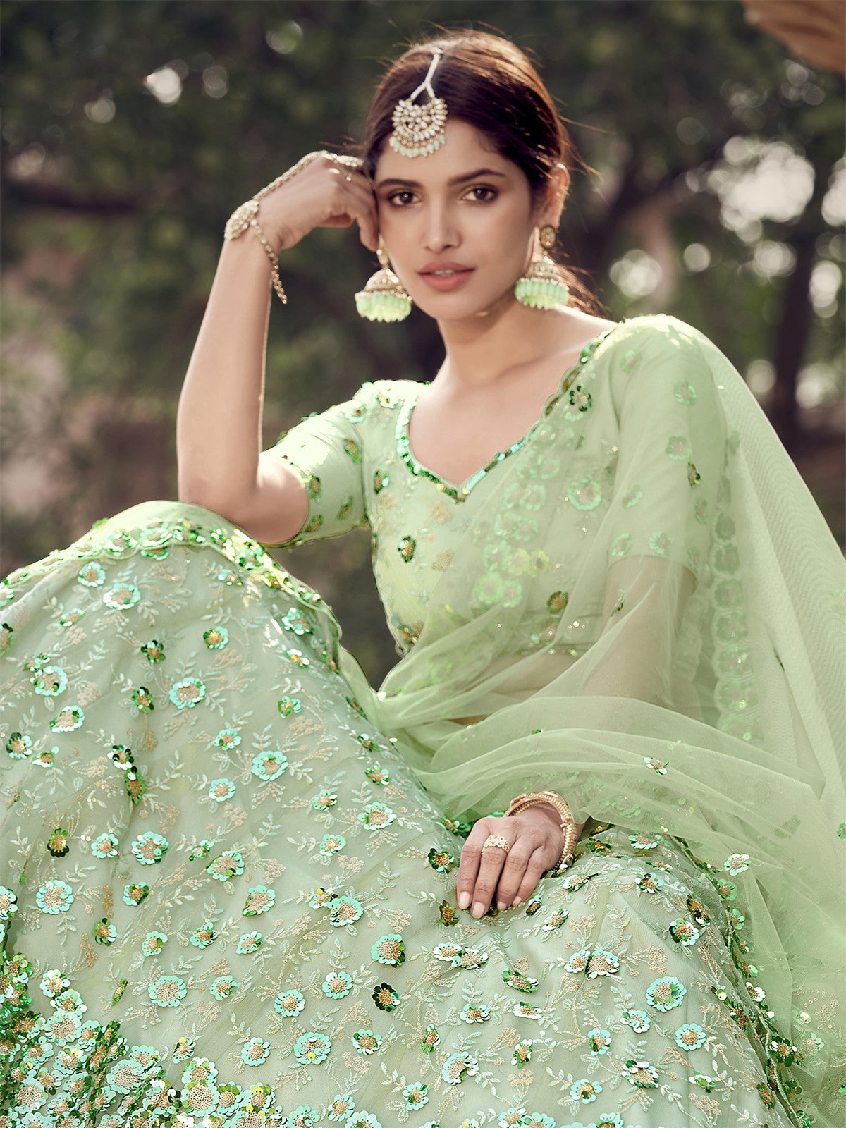 Green Sequins Sassy Semi Stitched Lehenga With Unstitched Blouse