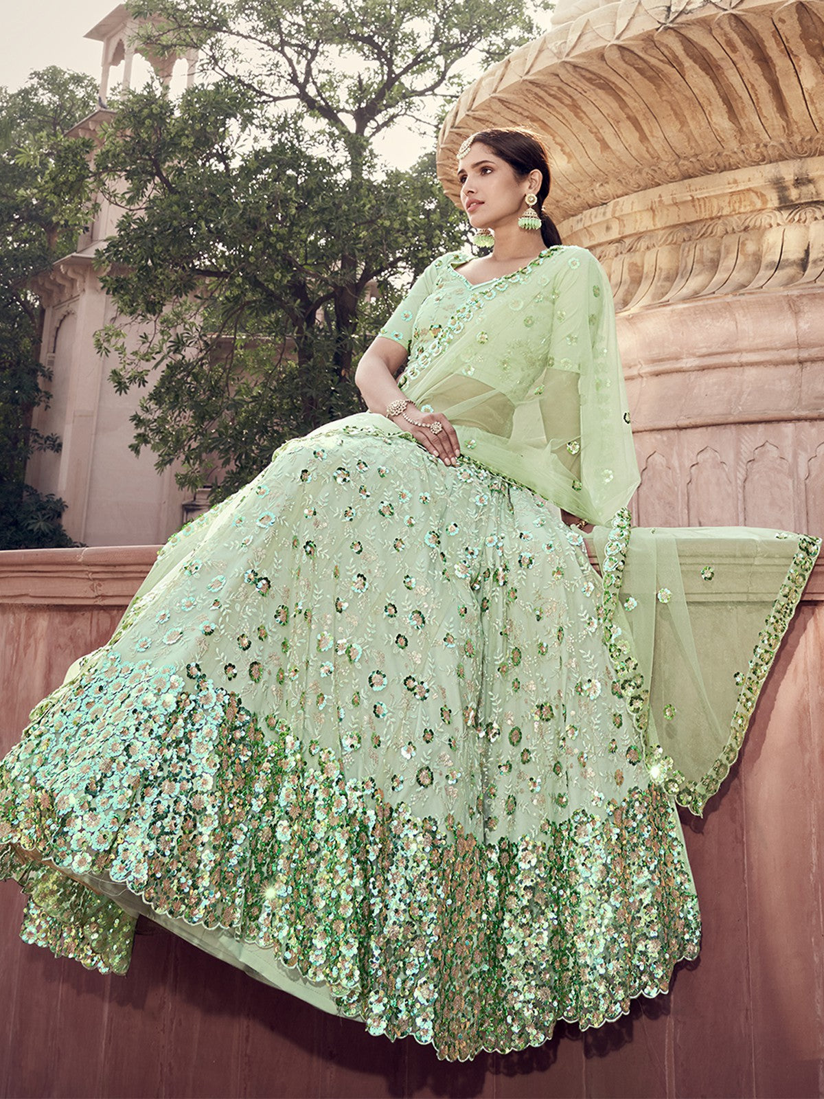 Green Sequins Sassy Semi Stitched Lehenga With Unstitched Blouse
