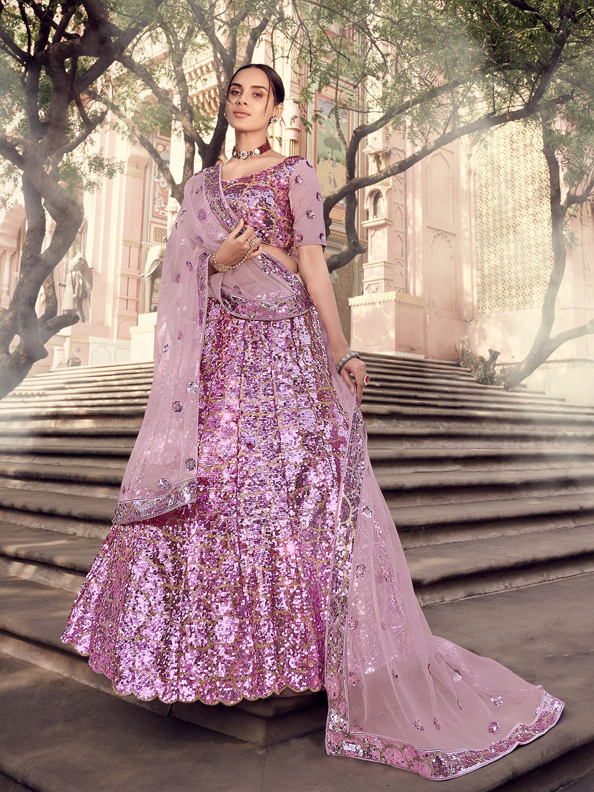 Classy Pink Soft Net Semi Stitched Lehenga With Unstitched Blouse