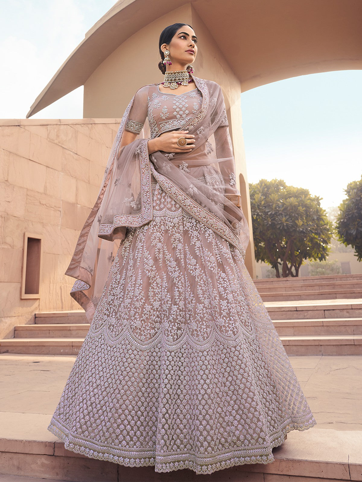 Impressive Lilac Soft Net Semi Stitched Lehenga With Unstitched Blouse