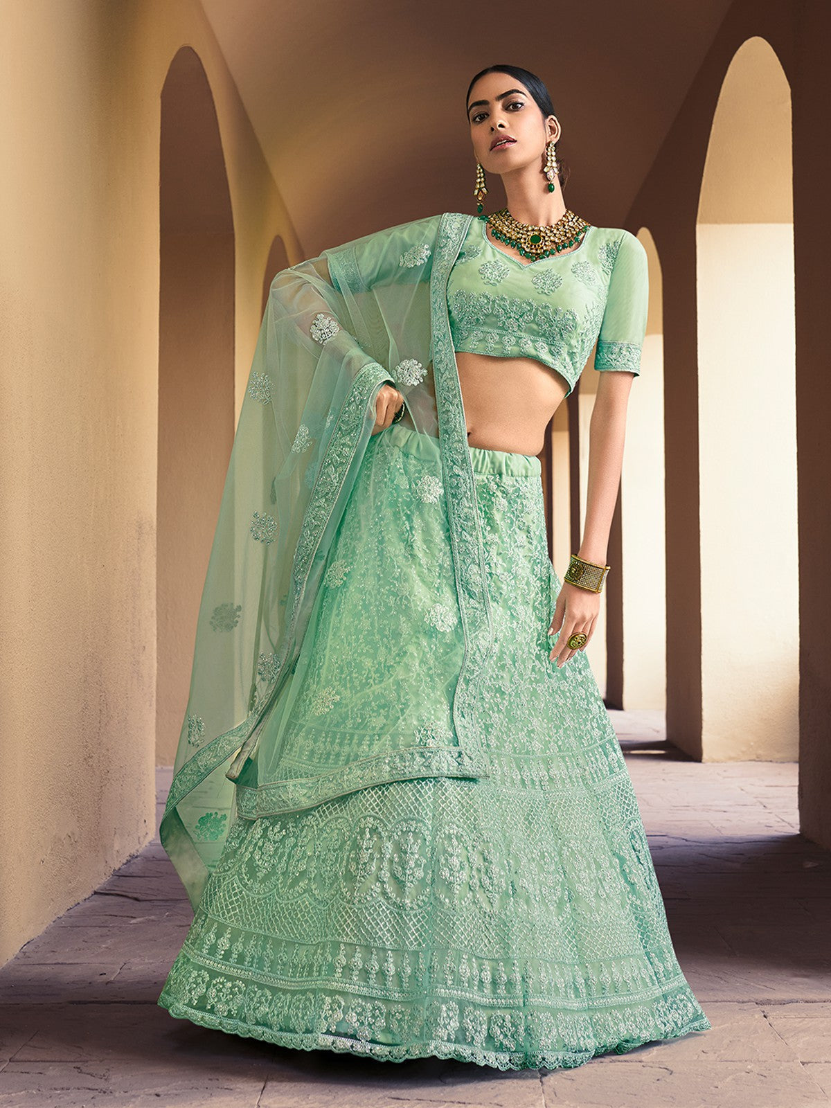 Sea Green Stunning Semi Stitched Lehenga With Unstitched Blouse