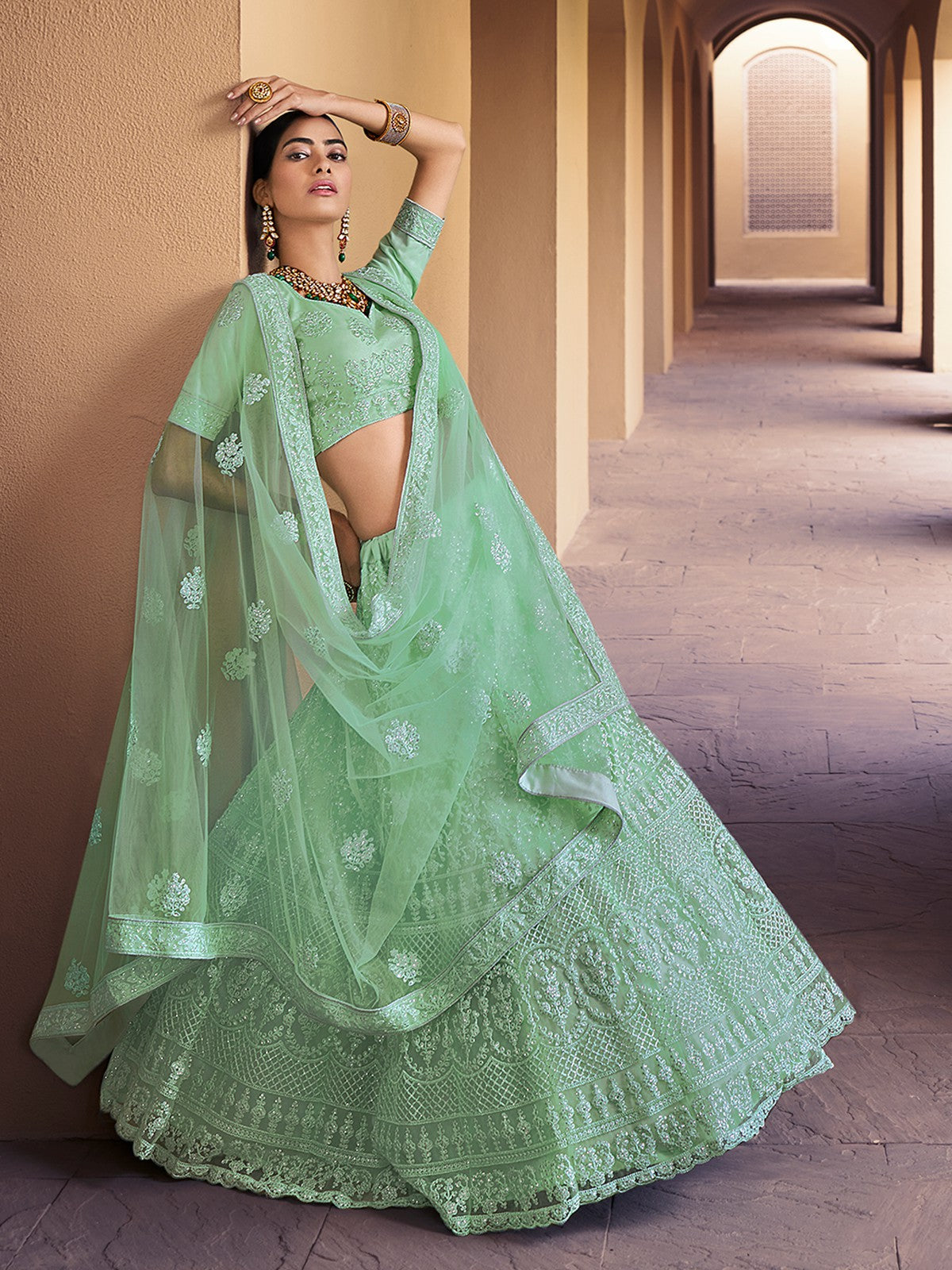 Sea Green Stunning Semi Stitched Lehenga With Unstitched Blouse