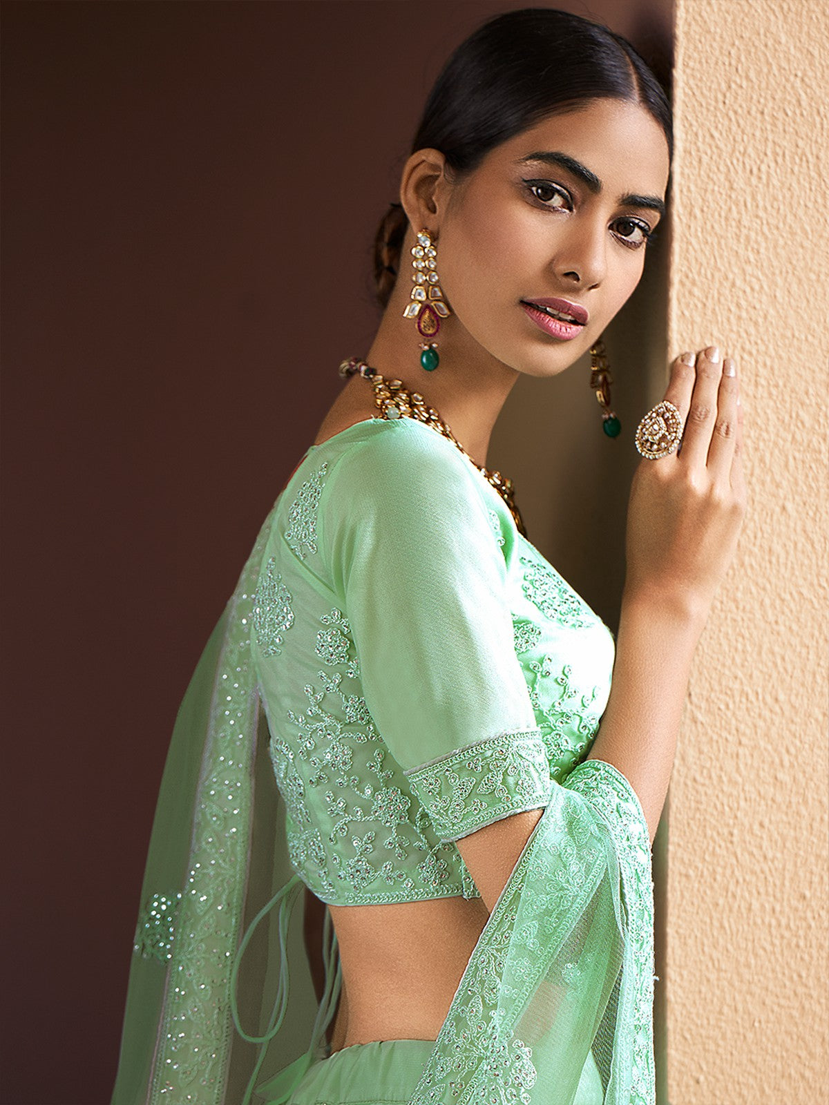 Sea Green Stunning Semi Stitched Lehenga With Unstitched Blouse