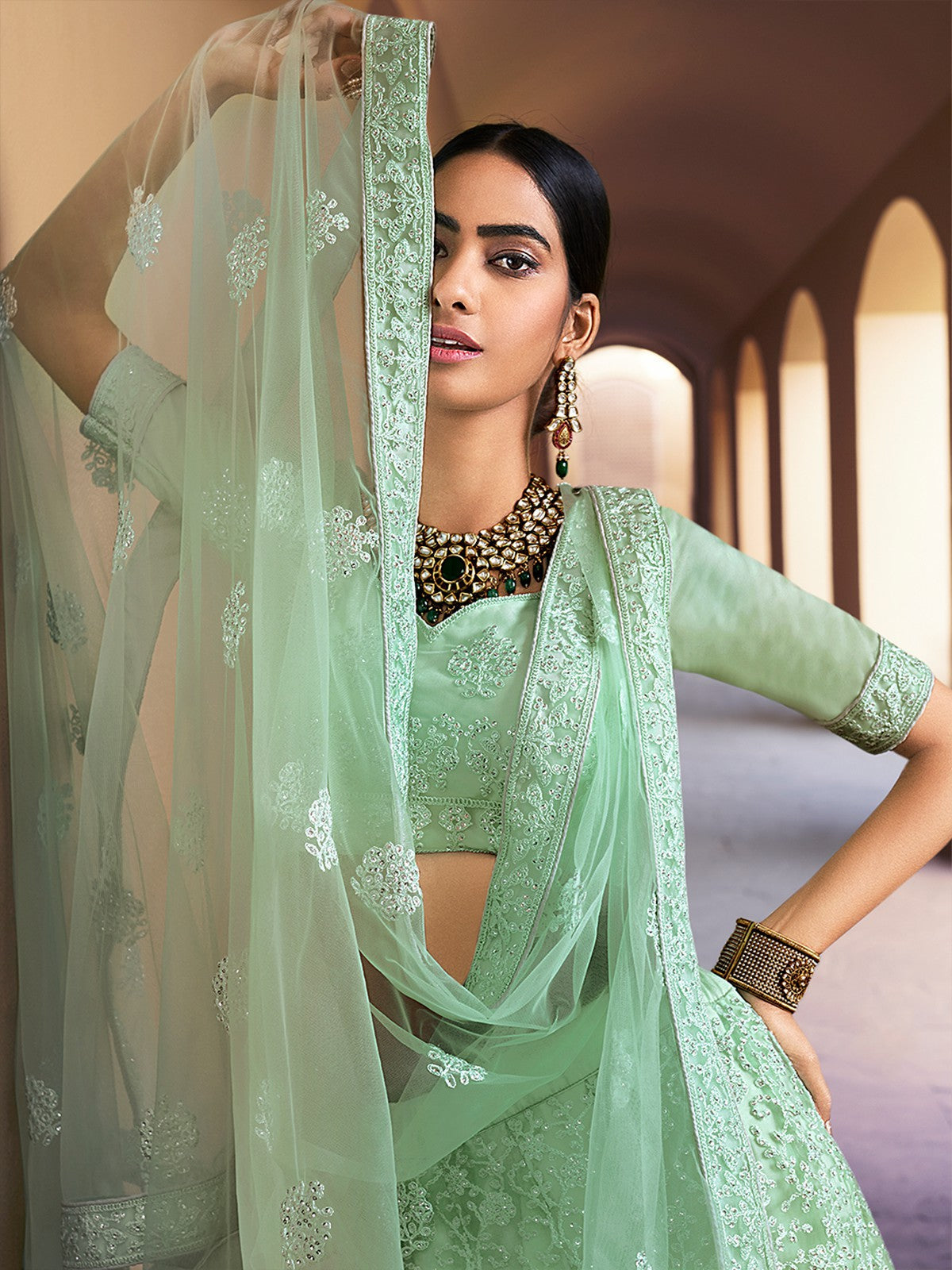 Sea Green Stunning Semi Stitched Lehenga With Unstitched Blouse