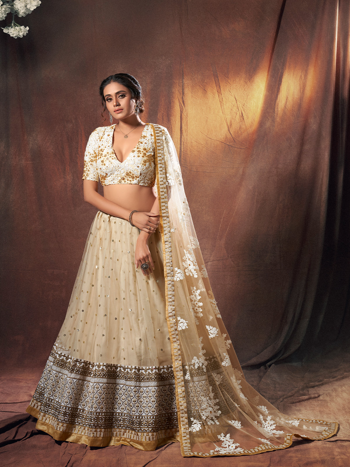 Beige Resham, Zari, Sequins Semi Stitched Lehenga With Unstitched Blouse