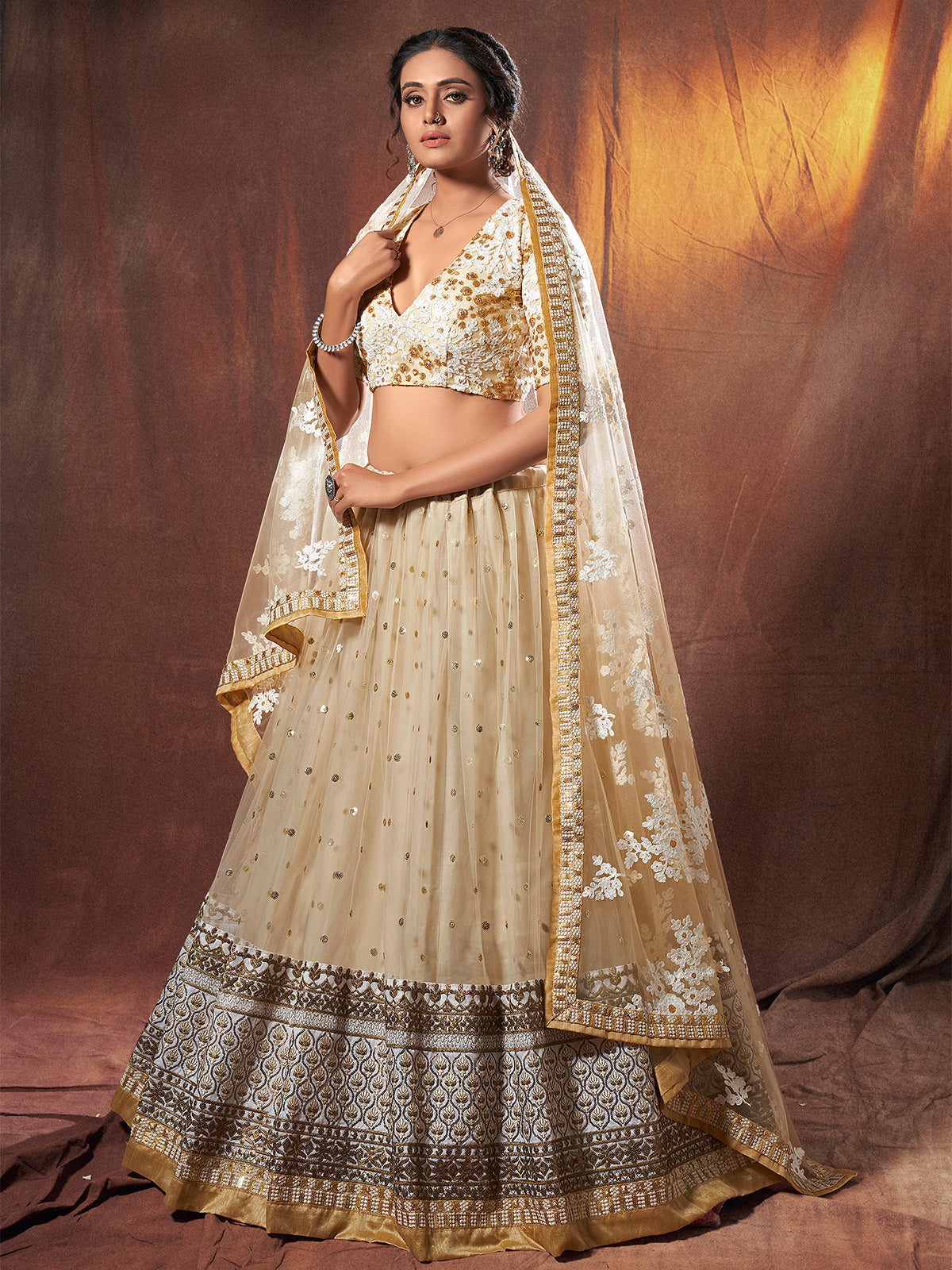 Beige Resham, Zari, Sequins Semi Stitched Lehenga With Unstitched Blouse