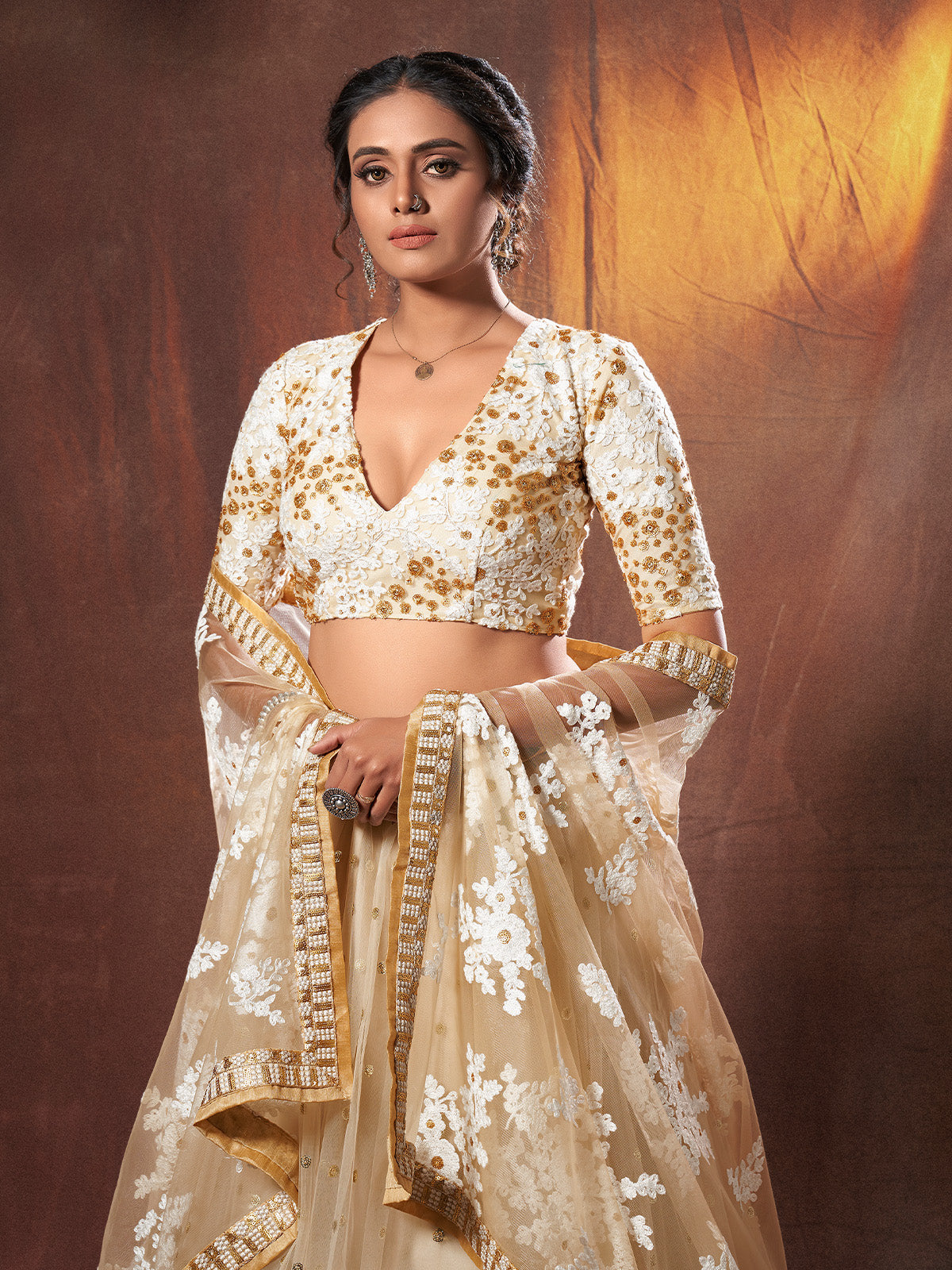 Beige Resham, Zari, Sequins Semi Stitched Lehenga With Unstitched Blouse