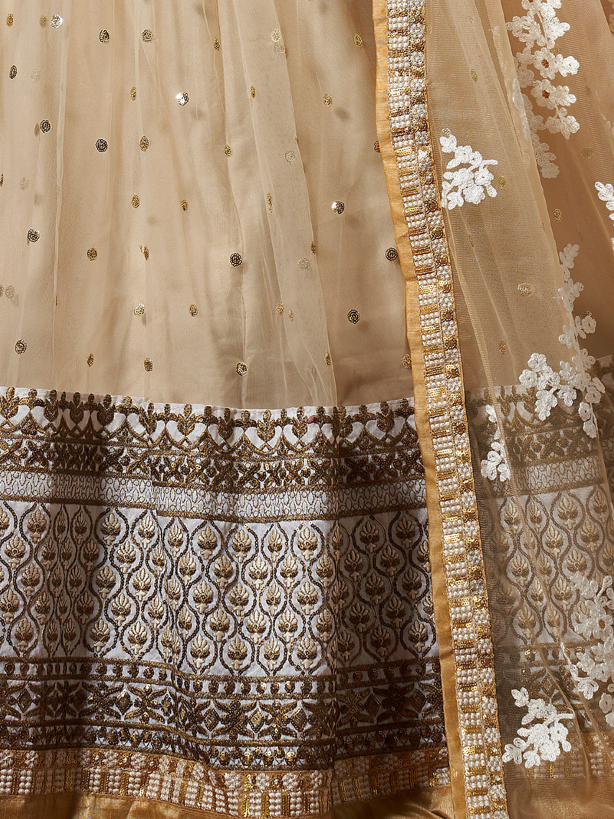 Beige Resham, Zari, Sequins Semi Stitched Lehenga With Unstitched Blouse