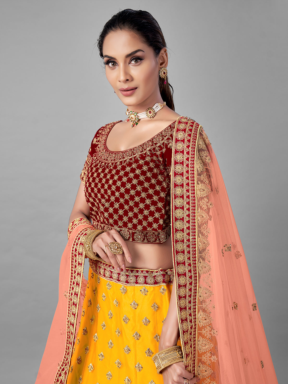 Mustard Embroidered Velvet Semi Stitched Lehenga With Unstitched Blouse