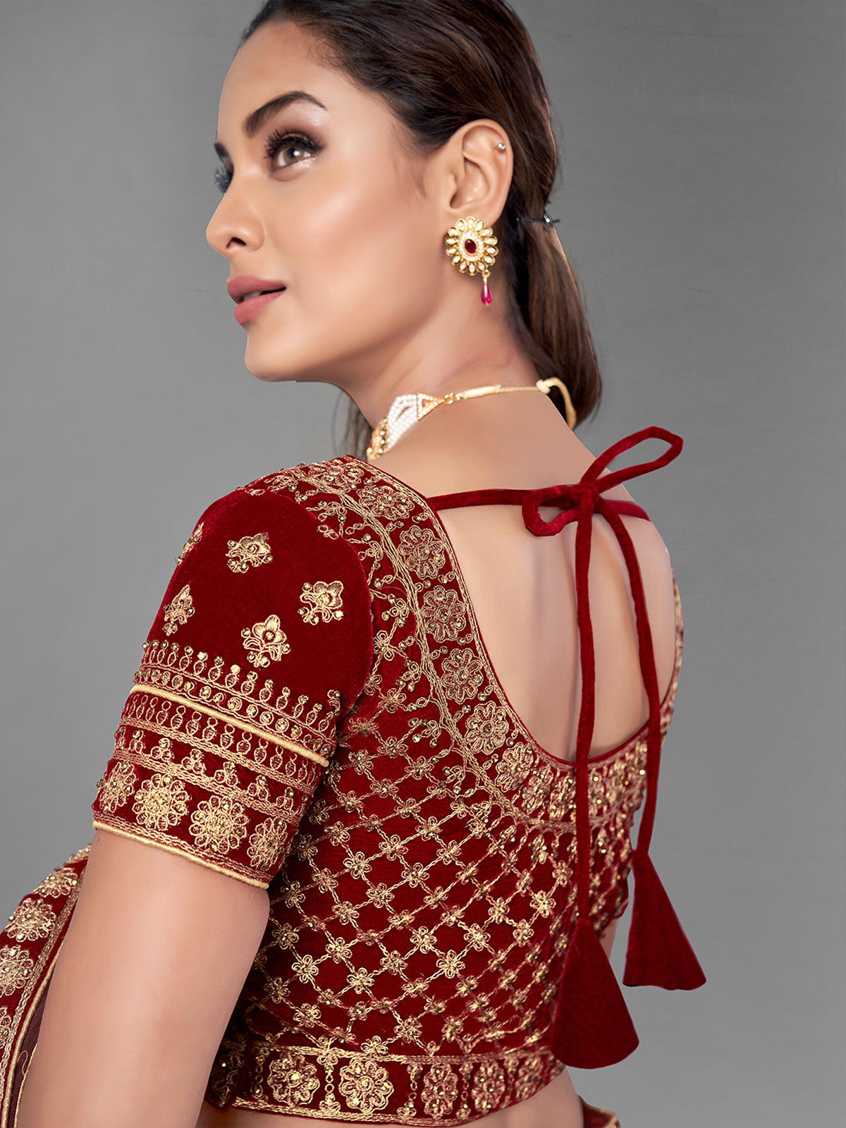 Mustard Embroidered Velvet Semi Stitched Lehenga With Unstitched Blouse