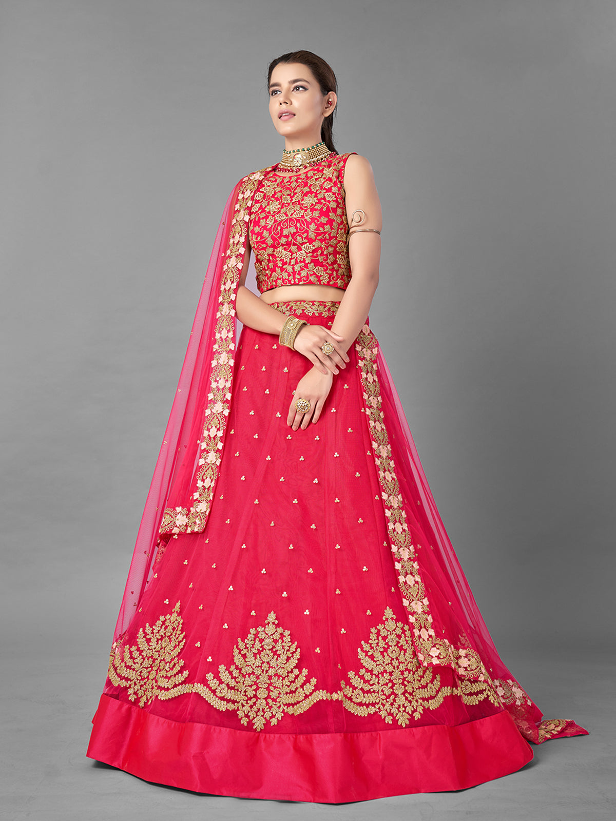 Red Thread Embroidered Soft Net Semi Stitched Lehenga With Unstitched Blouse