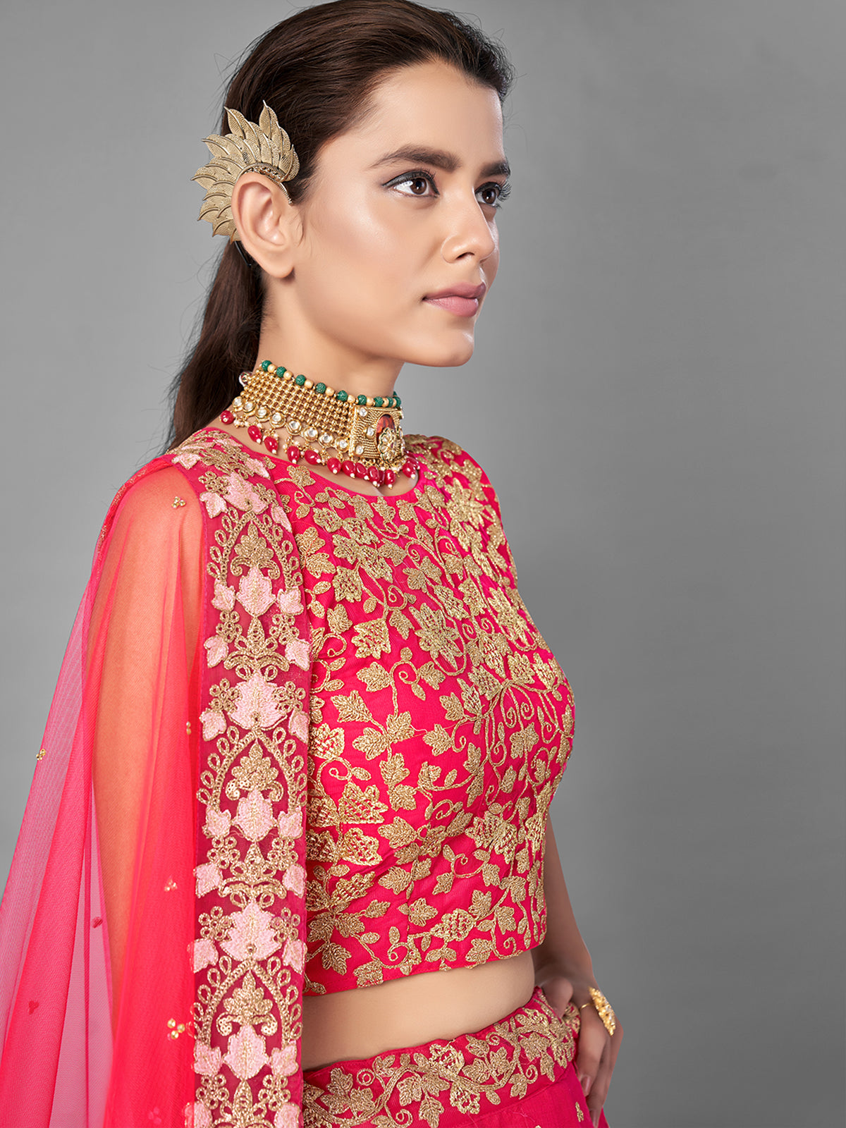 Red Thread Embroidered Soft Net Semi Stitched Lehenga With Unstitched Blouse