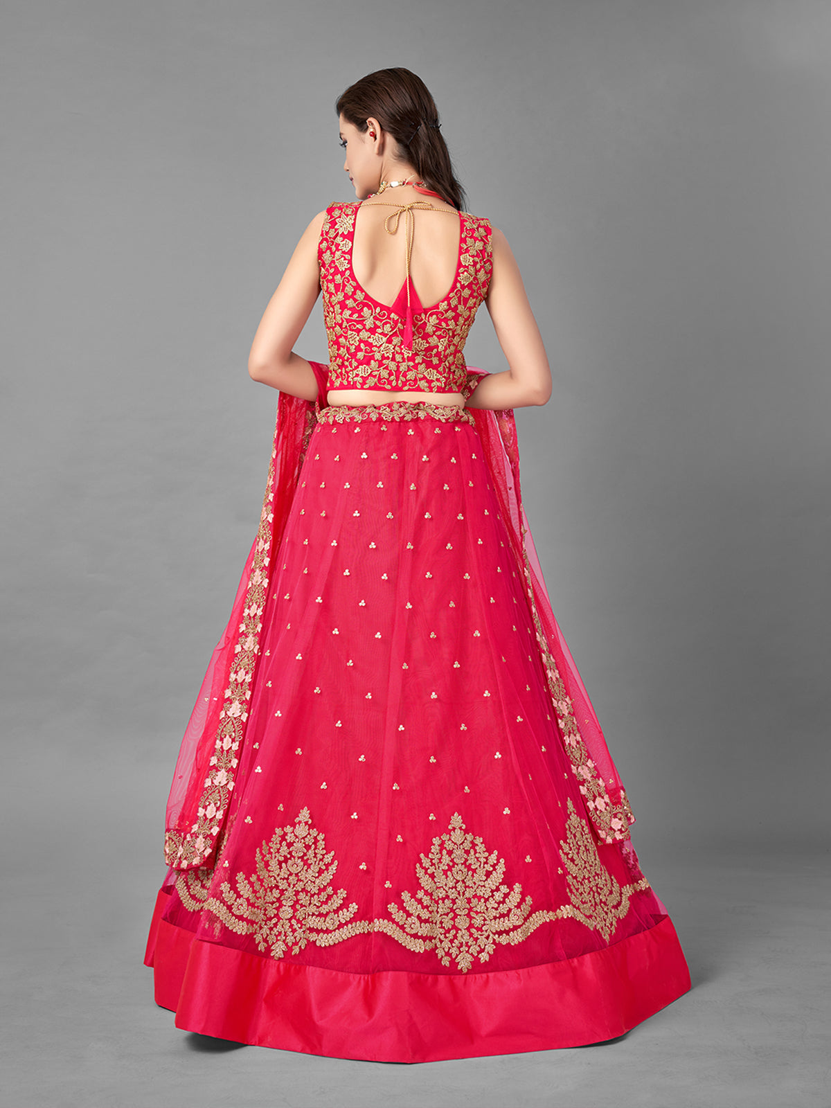 Red Thread Embroidered Soft Net Semi Stitched Lehenga With Unstitched Blouse