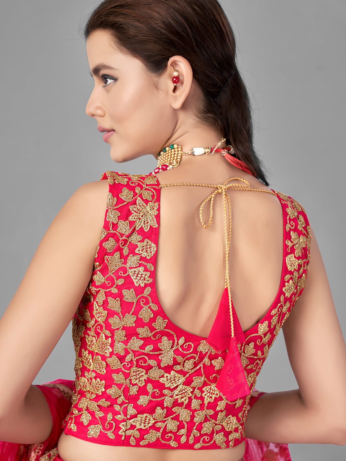 Red Thread Embroidered Soft Net Semi Stitched Lehenga With Unstitched Blouse