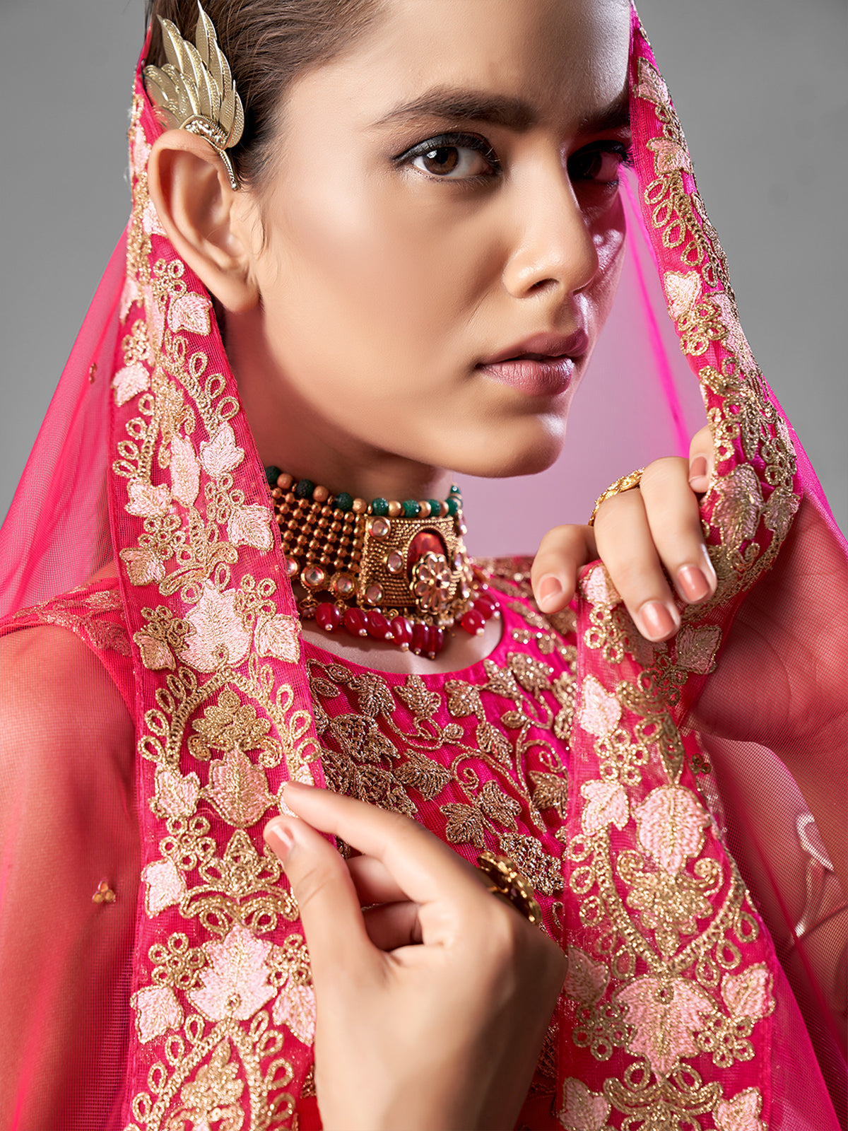 Red Thread Embroidered Soft Net Semi Stitched Lehenga With Unstitched Blouse