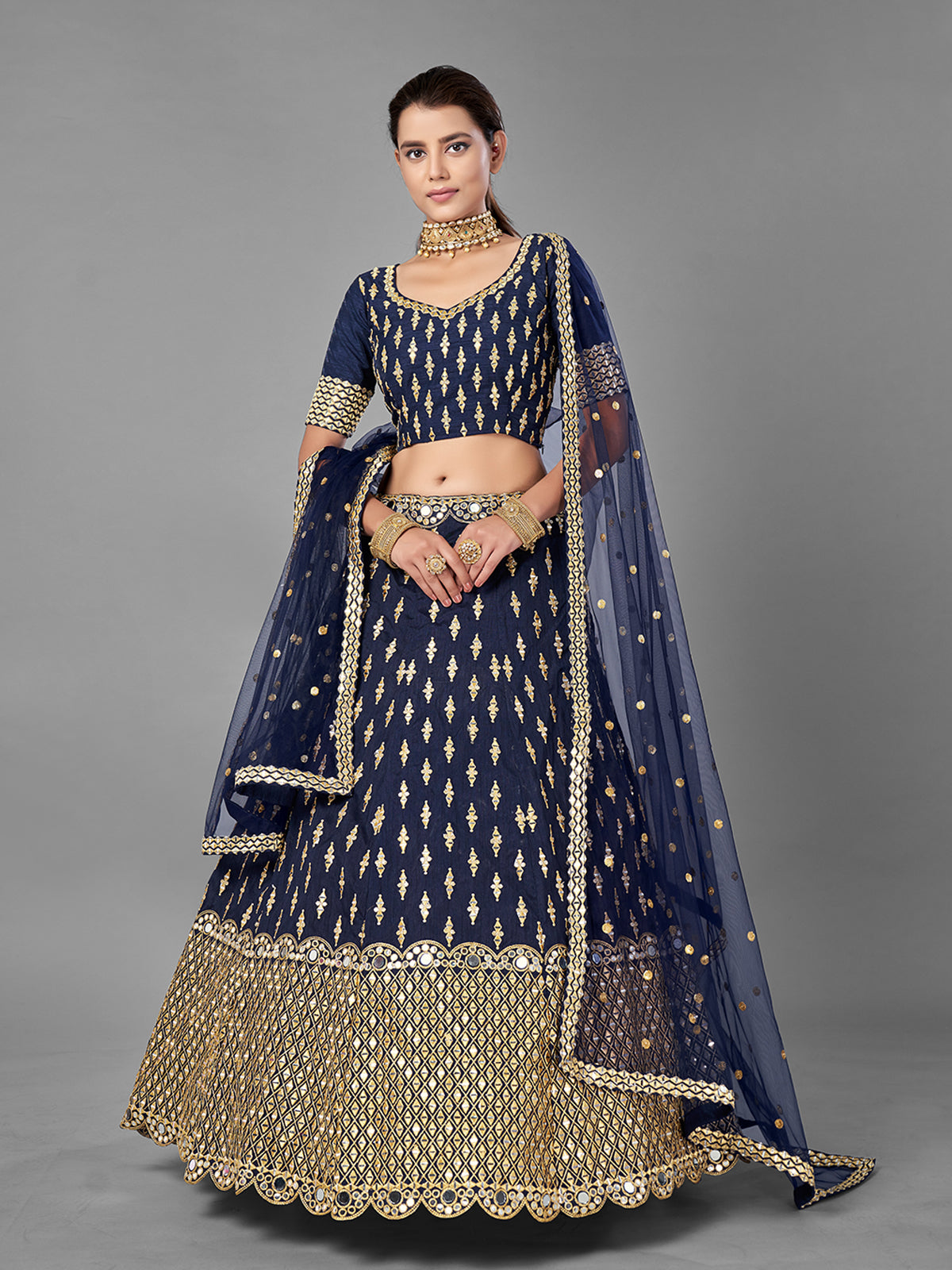 Dark Blue Art Silk Semi Stitched Lehenga With Unstitched Blouse