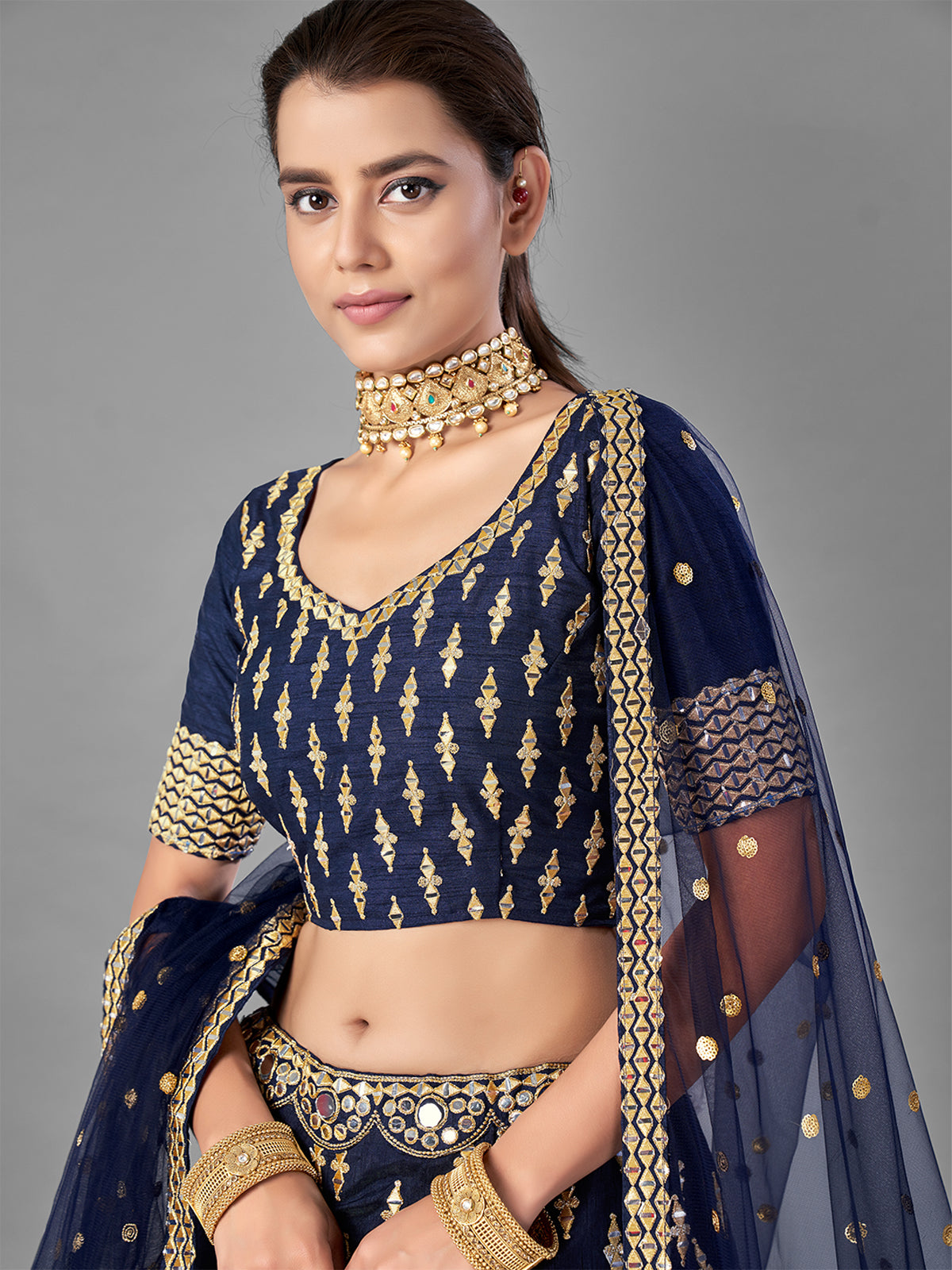 Dark Blue Art Silk Semi Stitched Lehenga With Unstitched Blouse