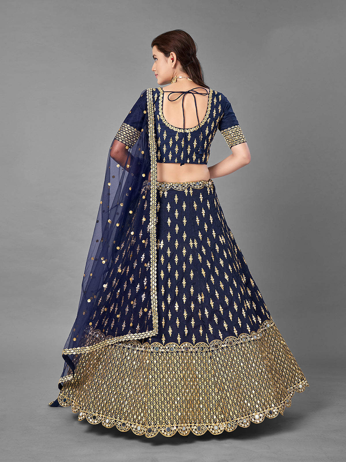 Dark Blue Art Silk Semi Stitched Lehenga With Unstitched Blouse
