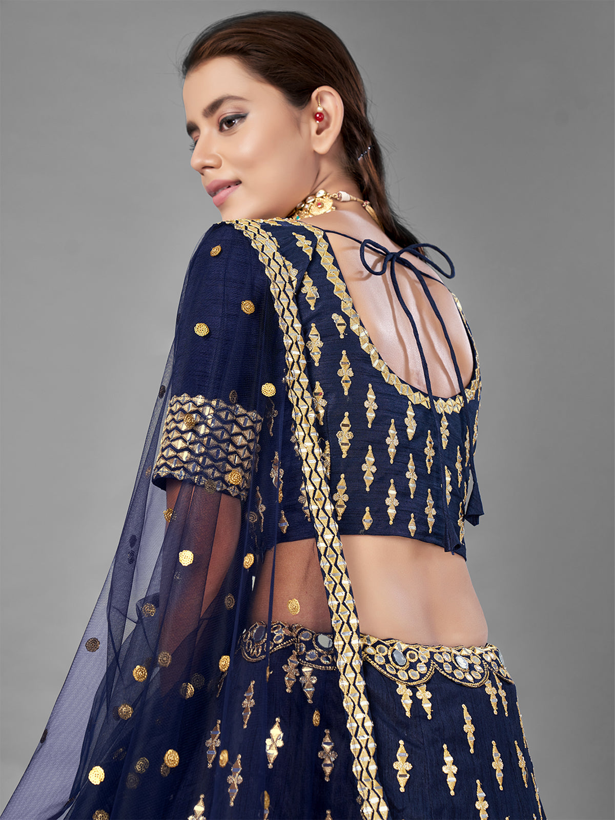 Dark Blue Art Silk Semi Stitched Lehenga With Unstitched Blouse
