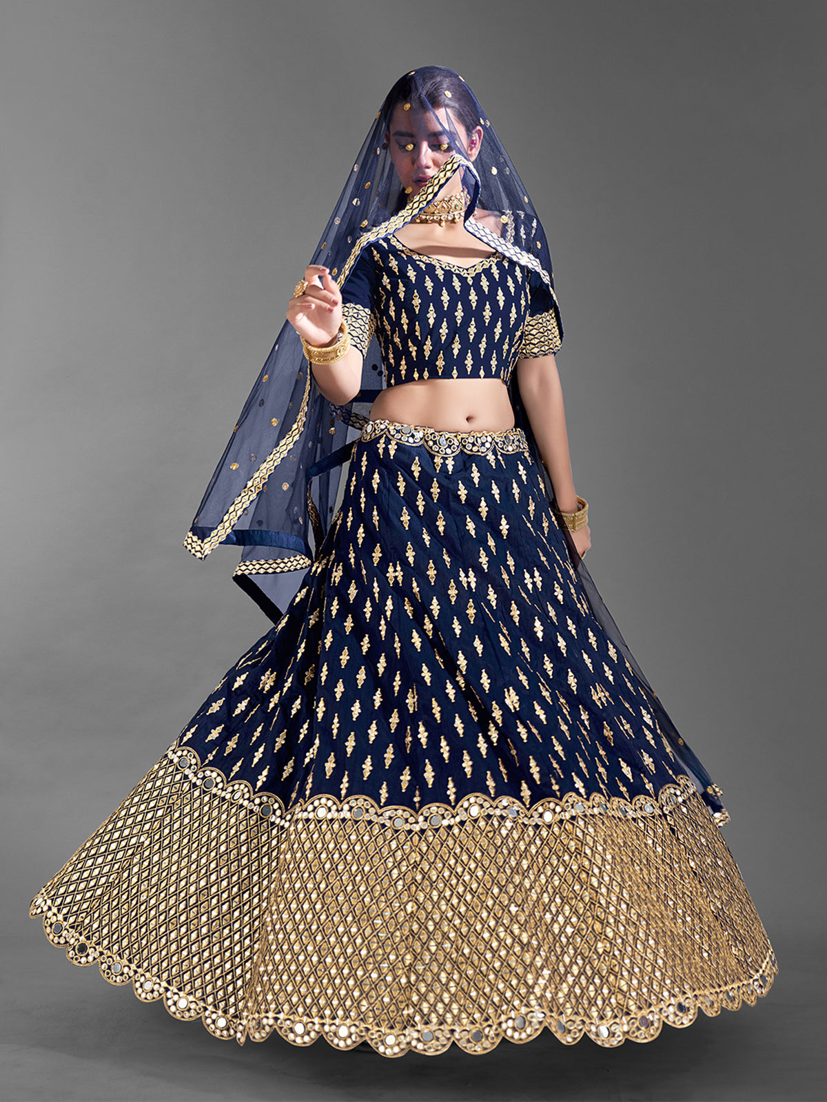 Dark Blue Art Silk Semi Stitched Lehenga With Unstitched Blouse