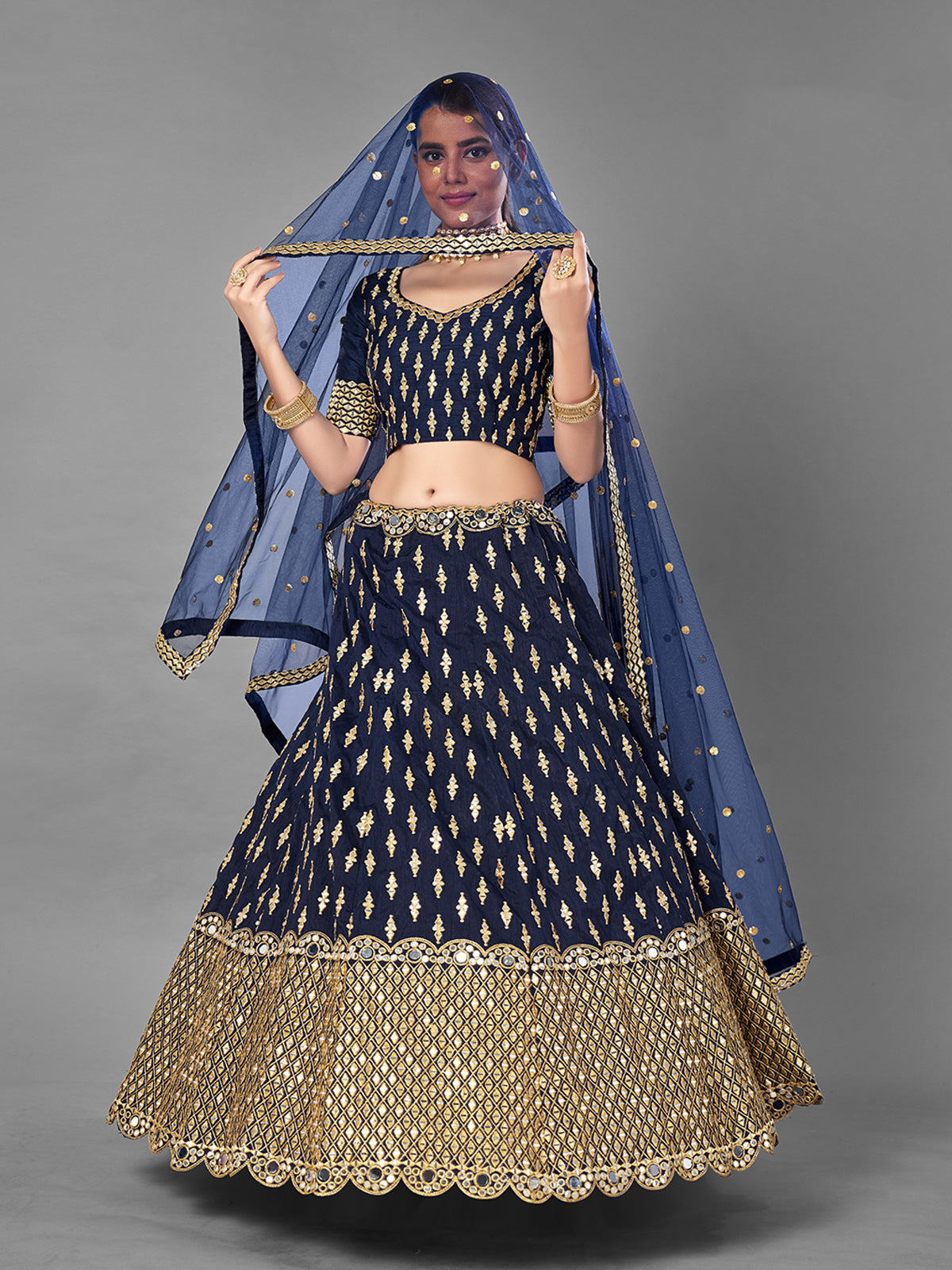 Dark Blue Art Silk Semi Stitched Lehenga With Unstitched Blouse