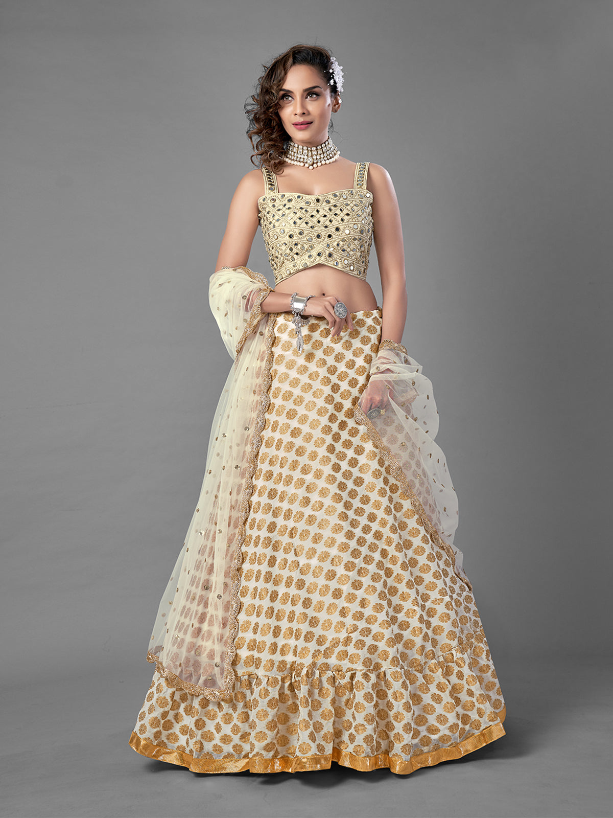 Apricot Embroidered Viscose Silk Semi Stitched Lehenga With Unstitched Blouse