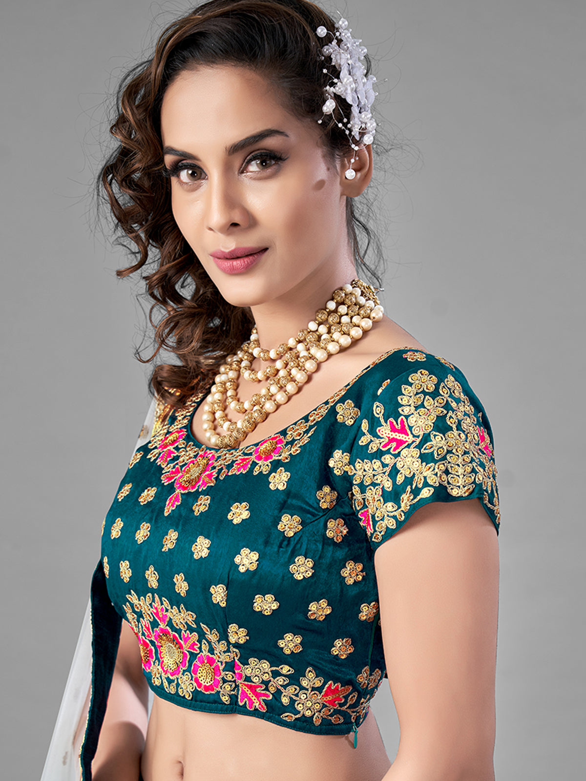 Teal Satin Velvet Semi Stitched Lehenga With Unstitched Blouse
