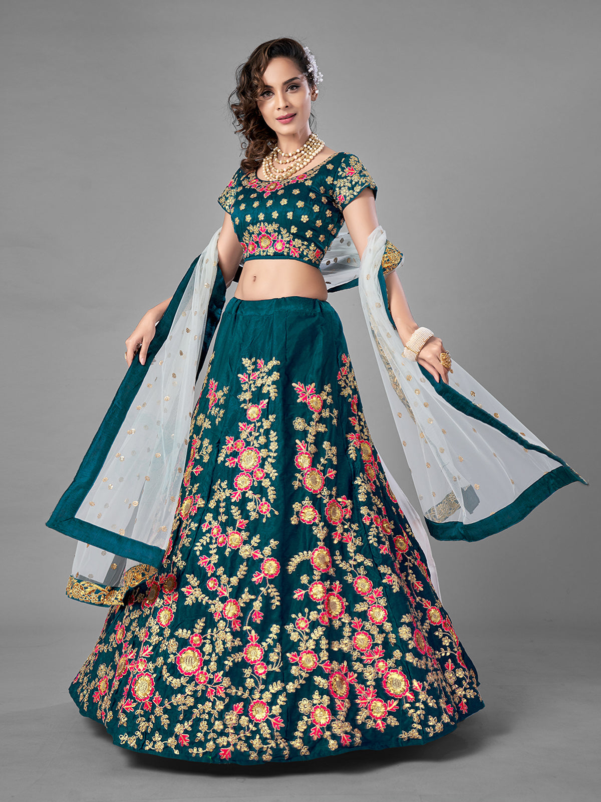Teal Satin Velvet Semi Stitched Lehenga With Unstitched Blouse