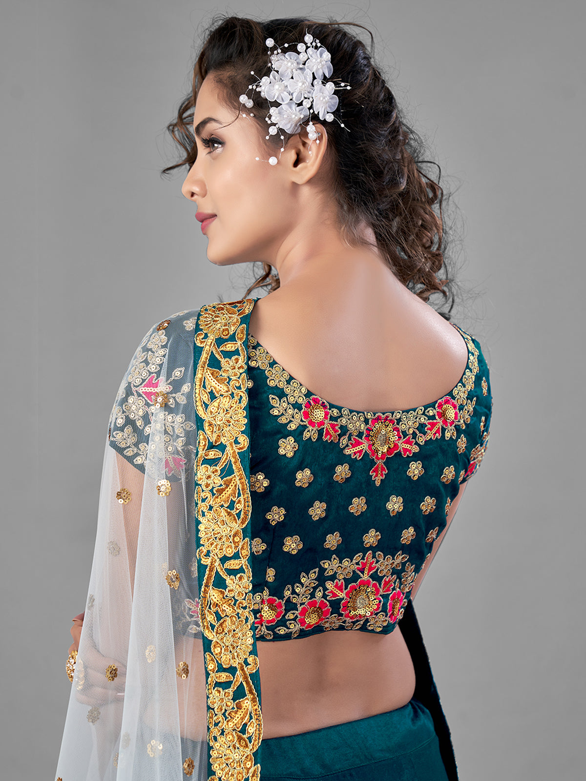Teal Satin Velvet Semi Stitched Lehenga With Unstitched Blouse