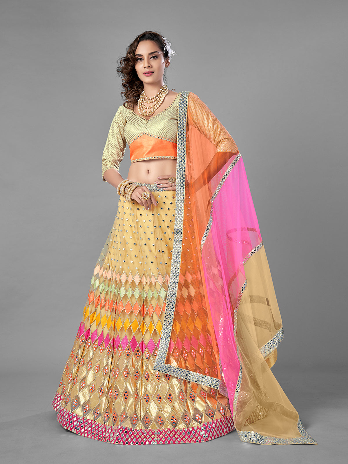 Beige Embroidered Soft Net Semi Stitched Lehenga With Unstitched Blouse