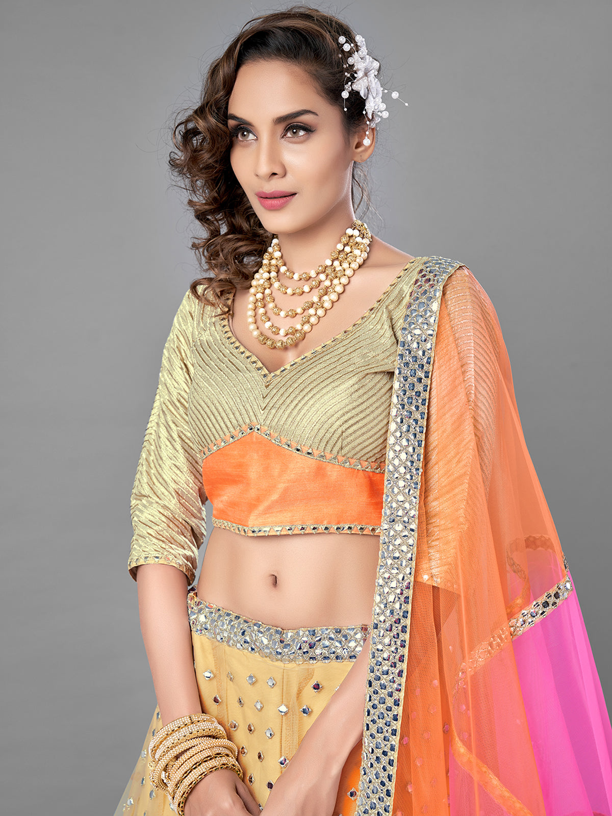 Beige Embroidered Soft Net Semi Stitched Lehenga With Unstitched Blouse