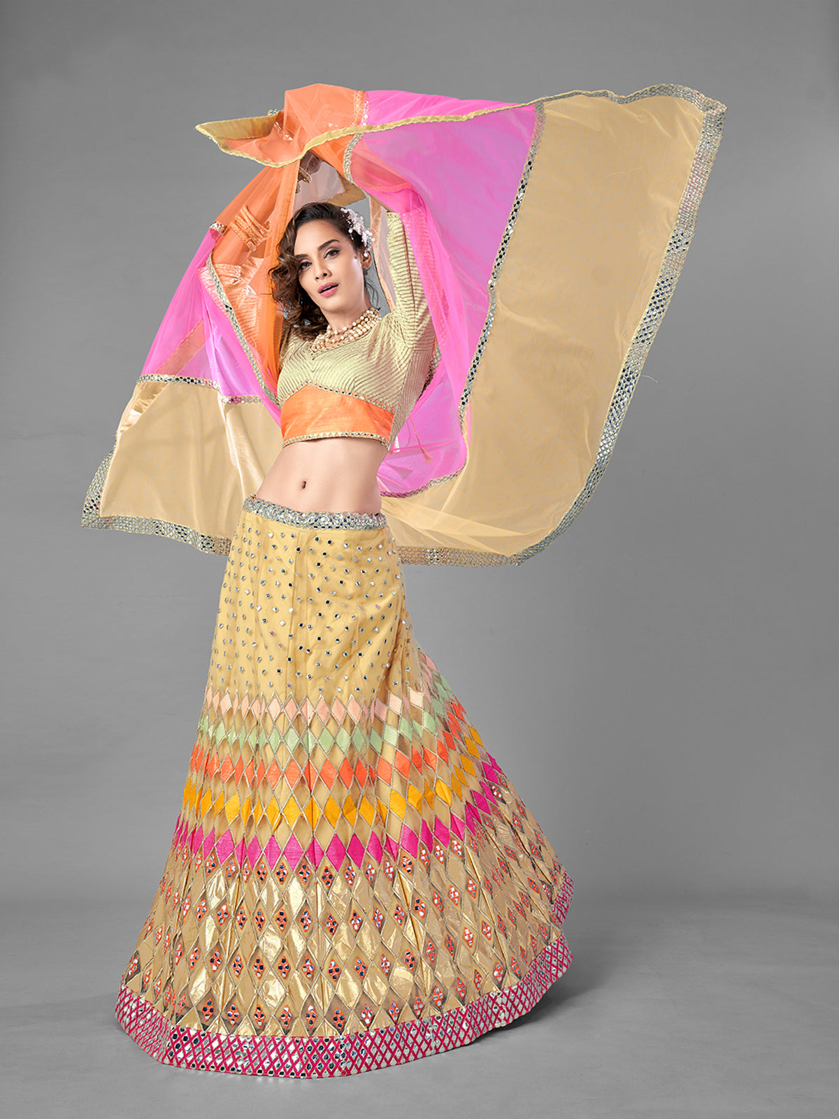 Beige Embroidered Soft Net Semi Stitched Lehenga With Unstitched Blouse