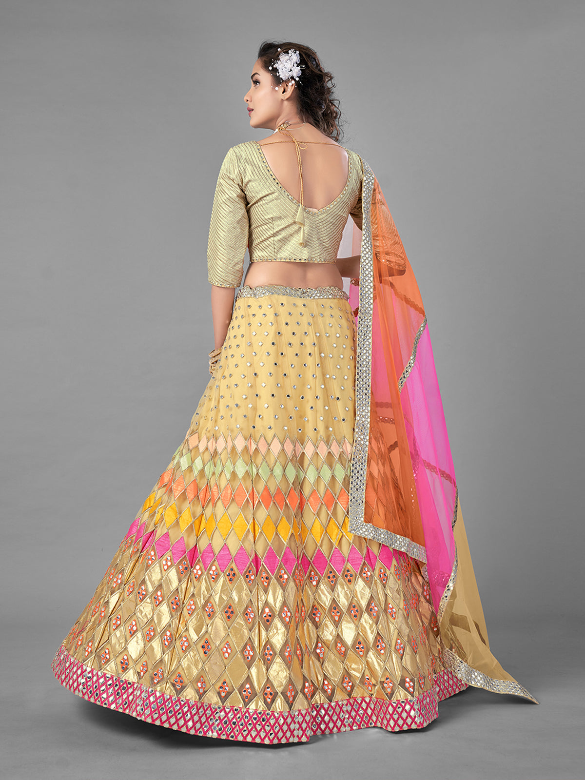 Beige Embroidered Soft Net Semi Stitched Lehenga With Unstitched Blouse