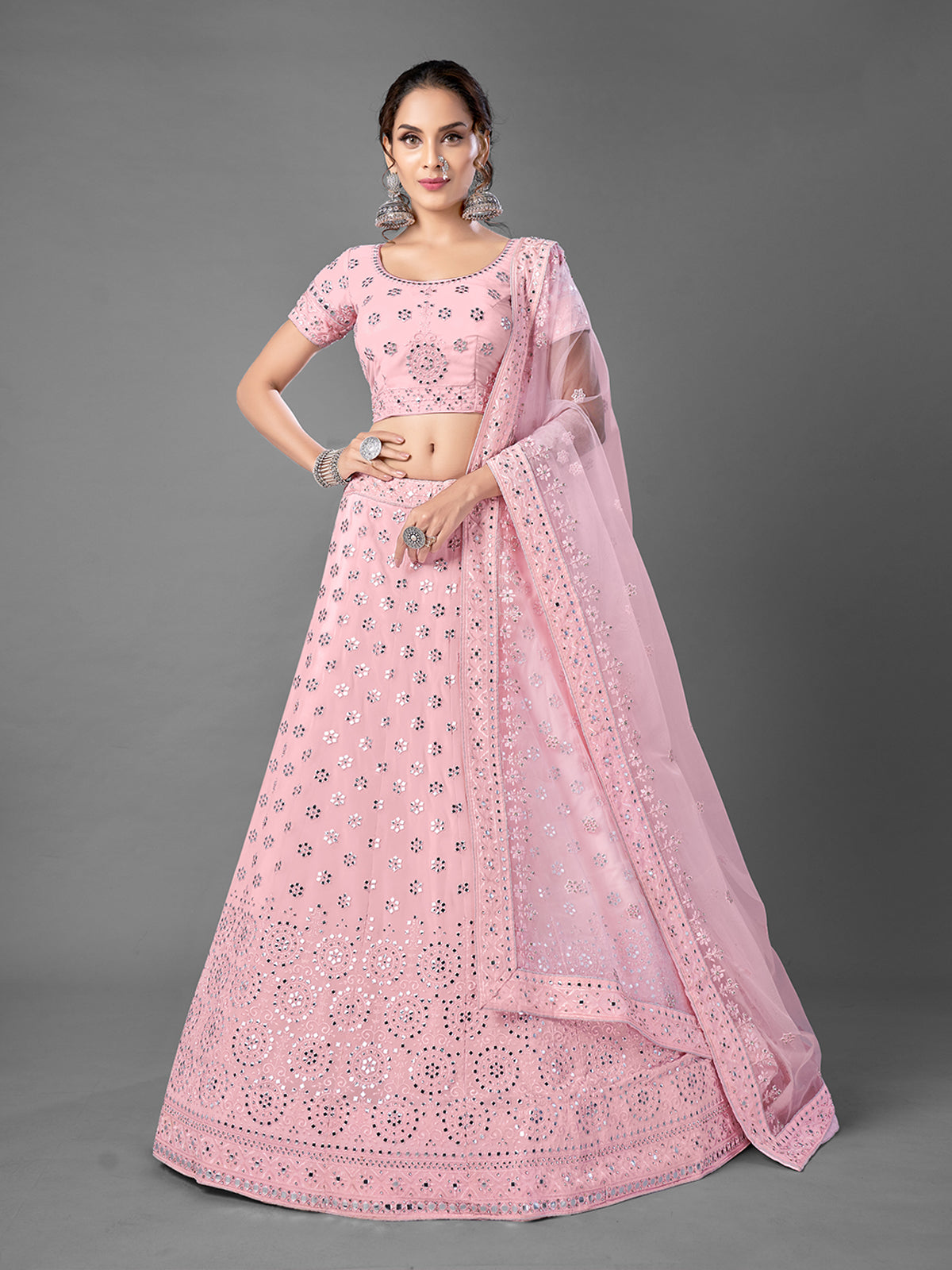 Pink Georgette Semi Stitched Lehenga With Unstitched Blouse