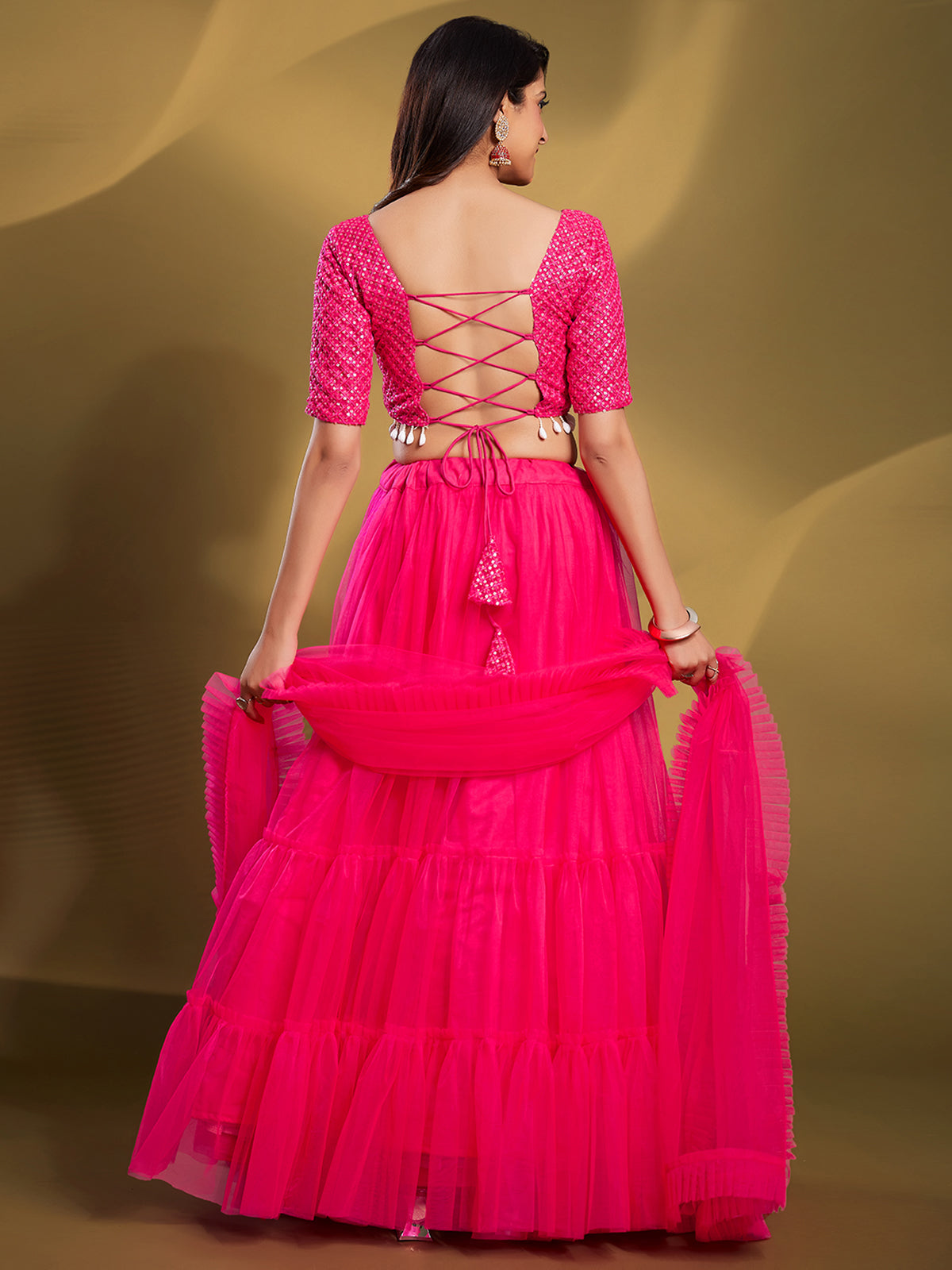 Pink Soft Net Solid Semi Stitched Lehenga Choli