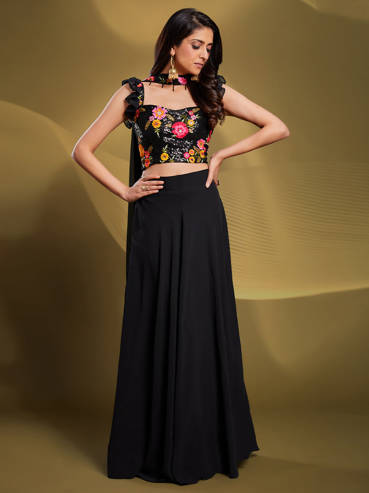 Black Georgette Solid Stitched Lehenga Choli