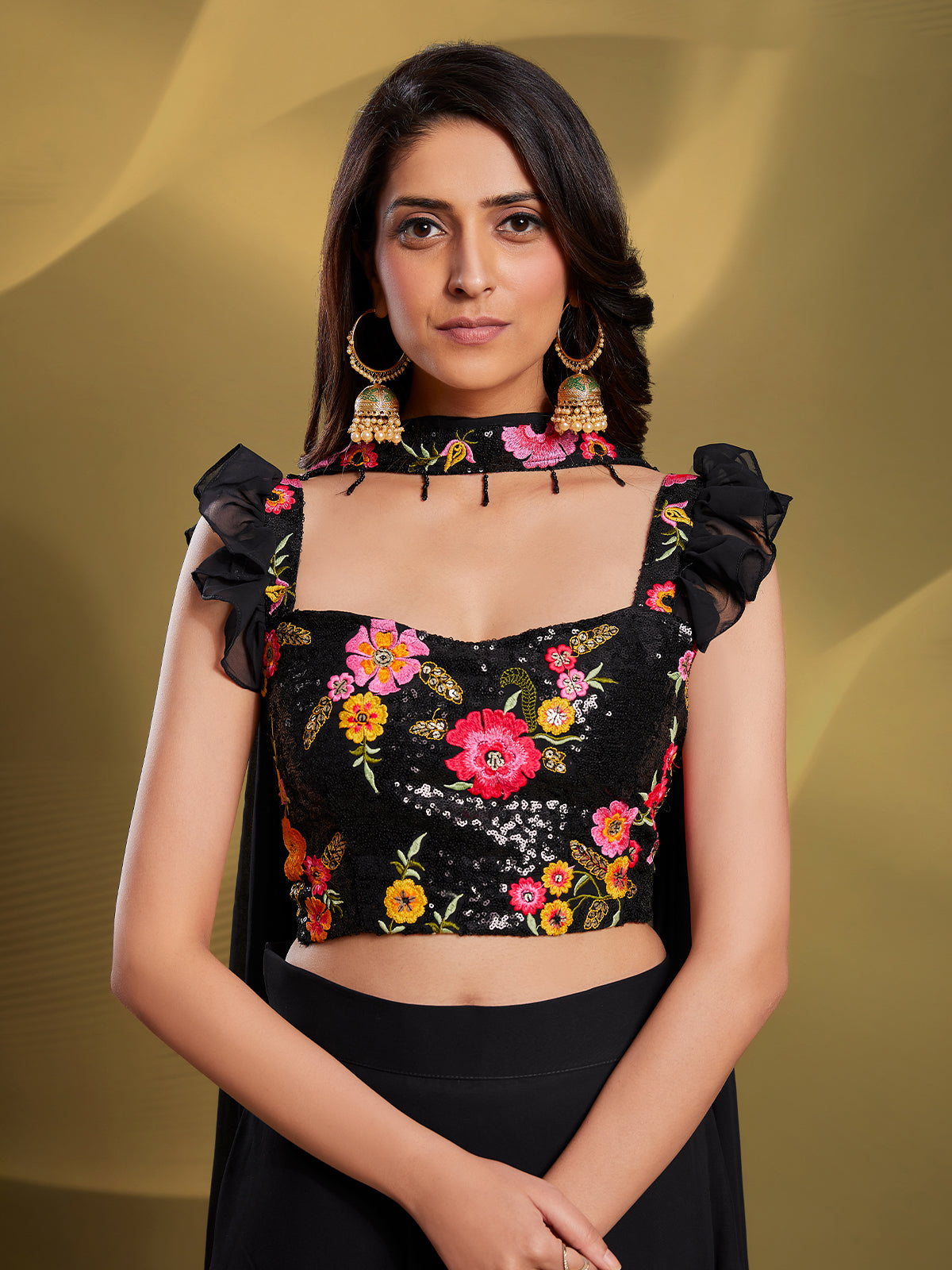 Black Georgette Solid Stitched Lehenga Choli