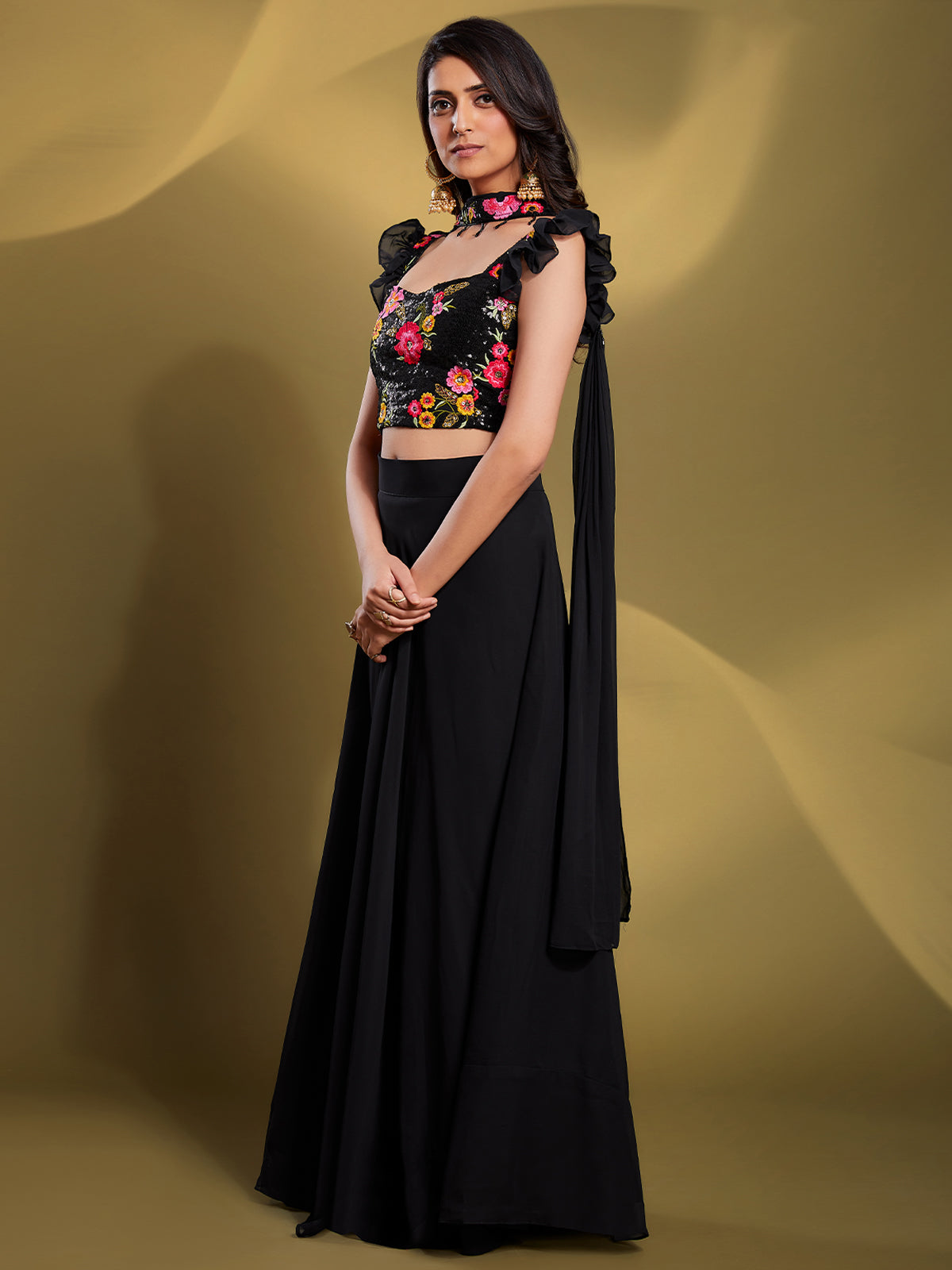 Black Georgette Solid Stitched Lehenga Choli