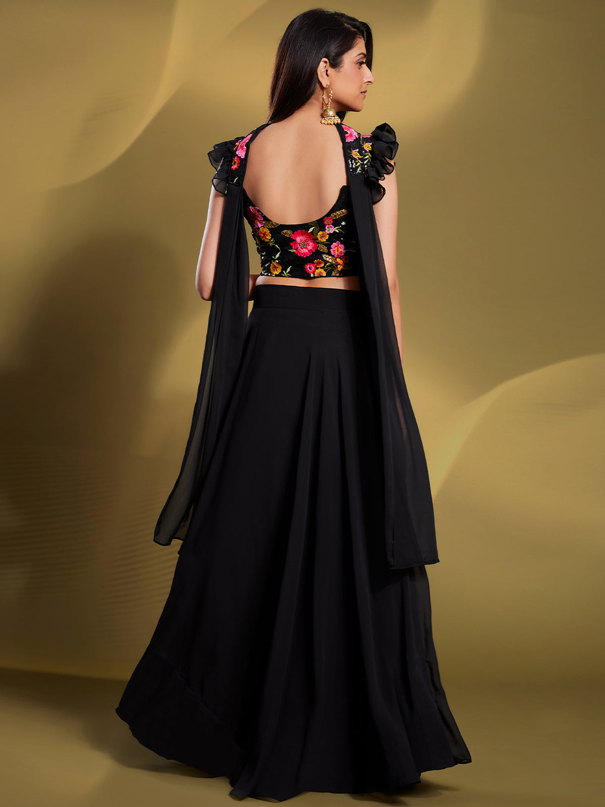Black Georgette Solid Stitched Lehenga Choli