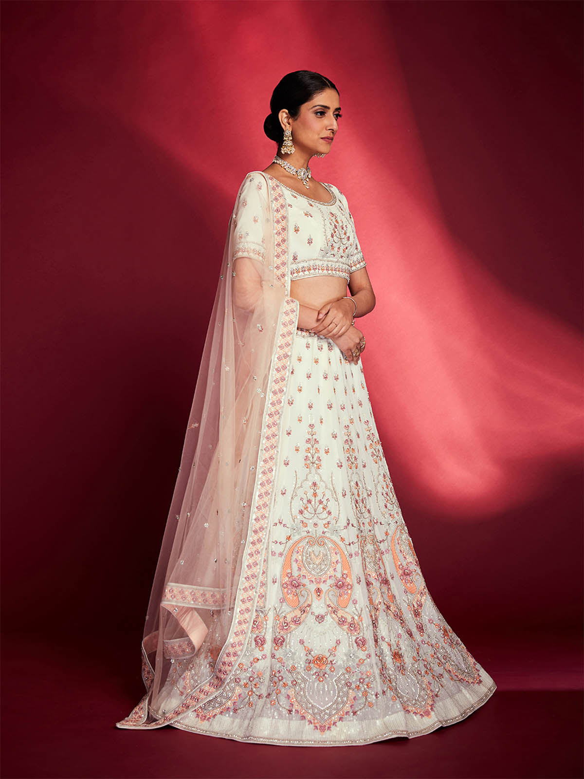 Stunning White Georgette Embroidered Semi Stitched Lehenga Choli