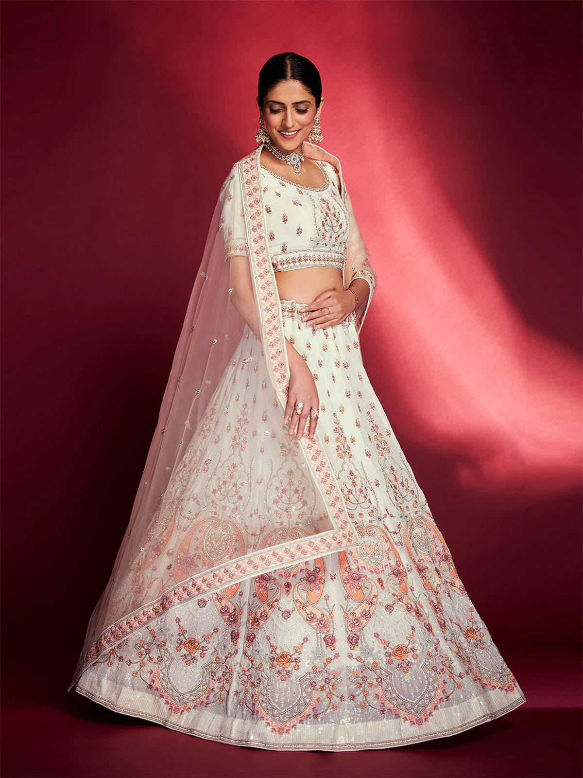 Stunning White Georgette Embroidered Semi Stitched Lehenga Choli