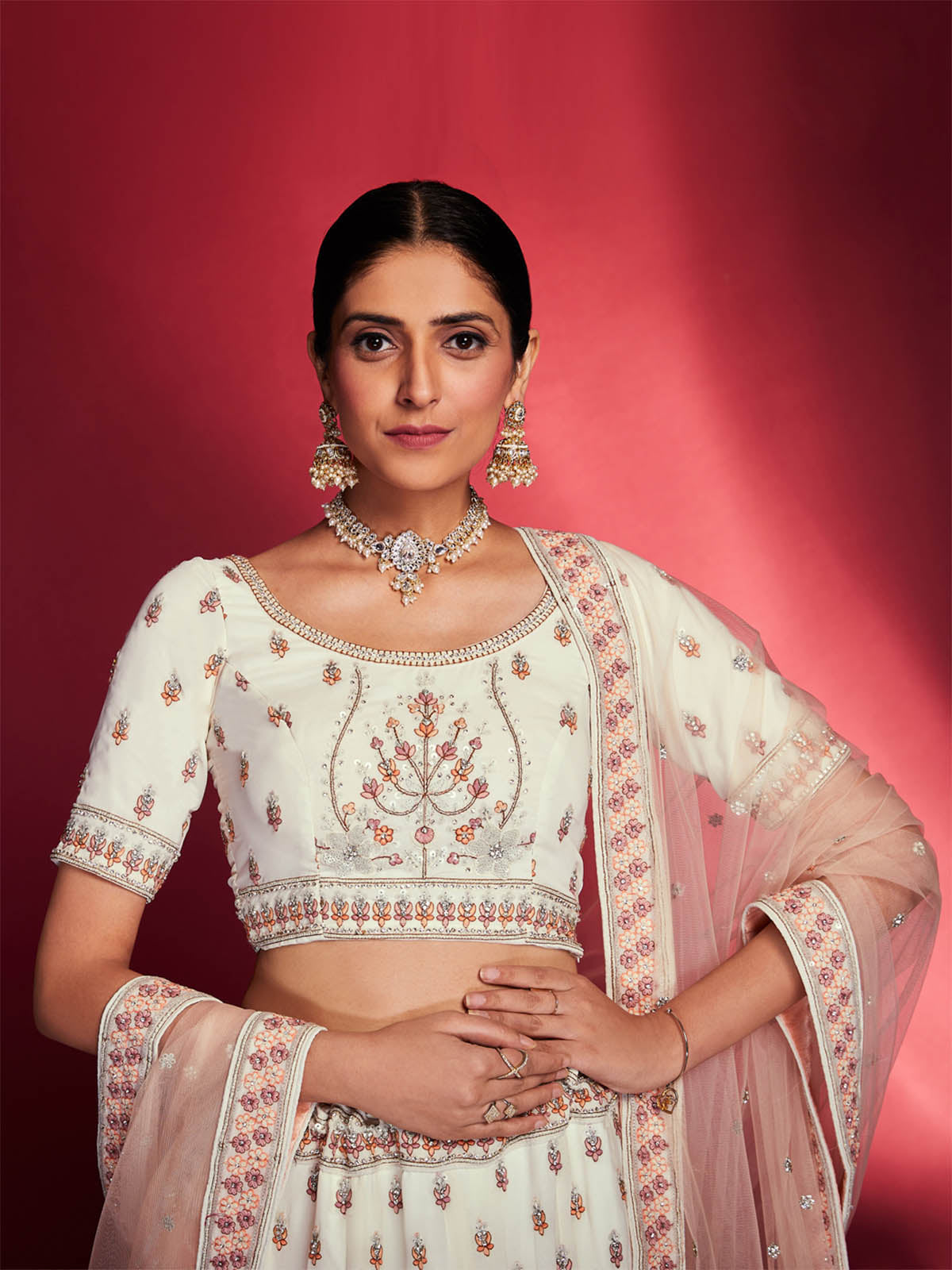 Stunning White Georgette Embroidered Semi Stitched Lehenga Choli