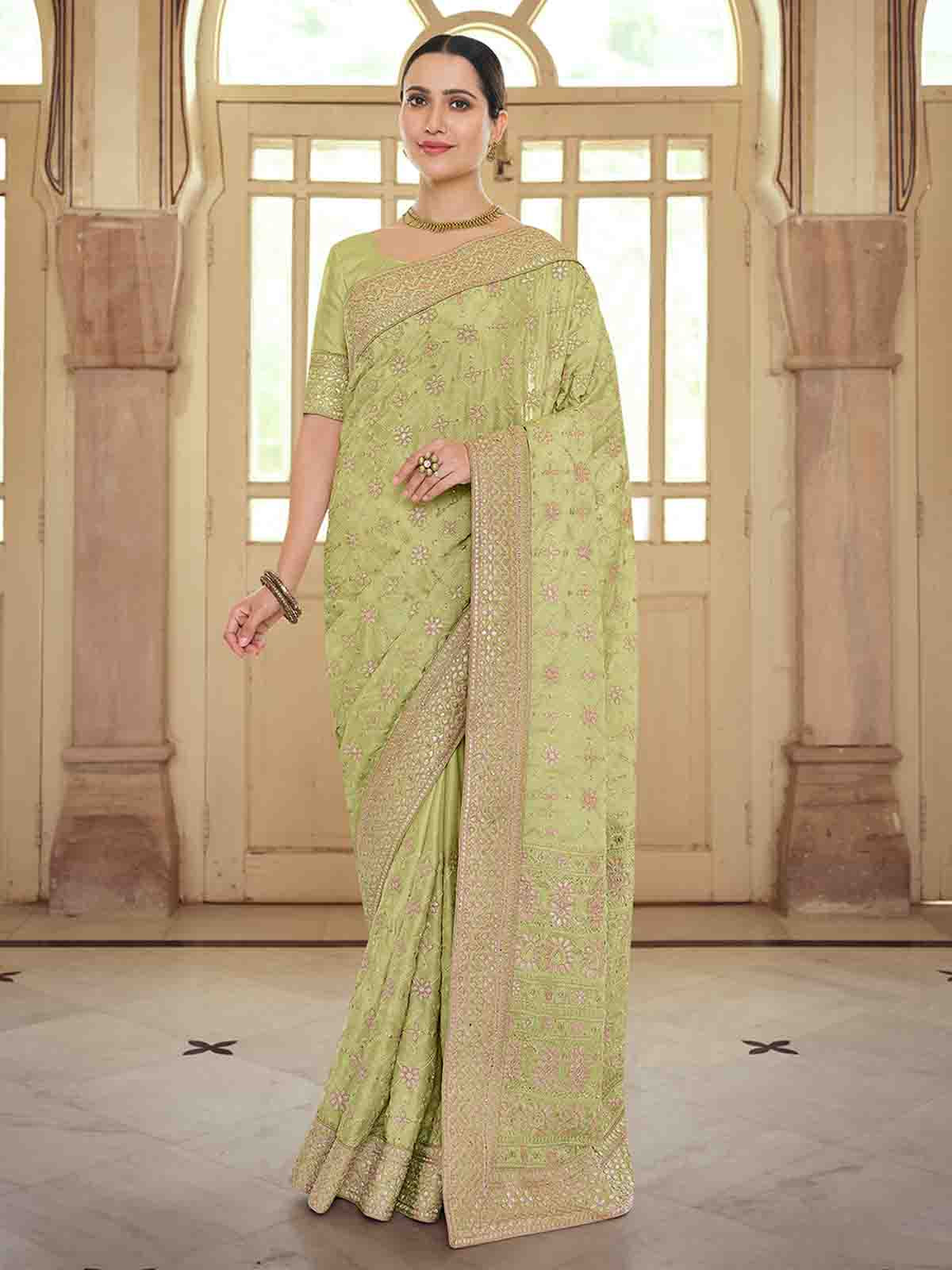 Green Satin Georgette Saree With Unstitched Blouse