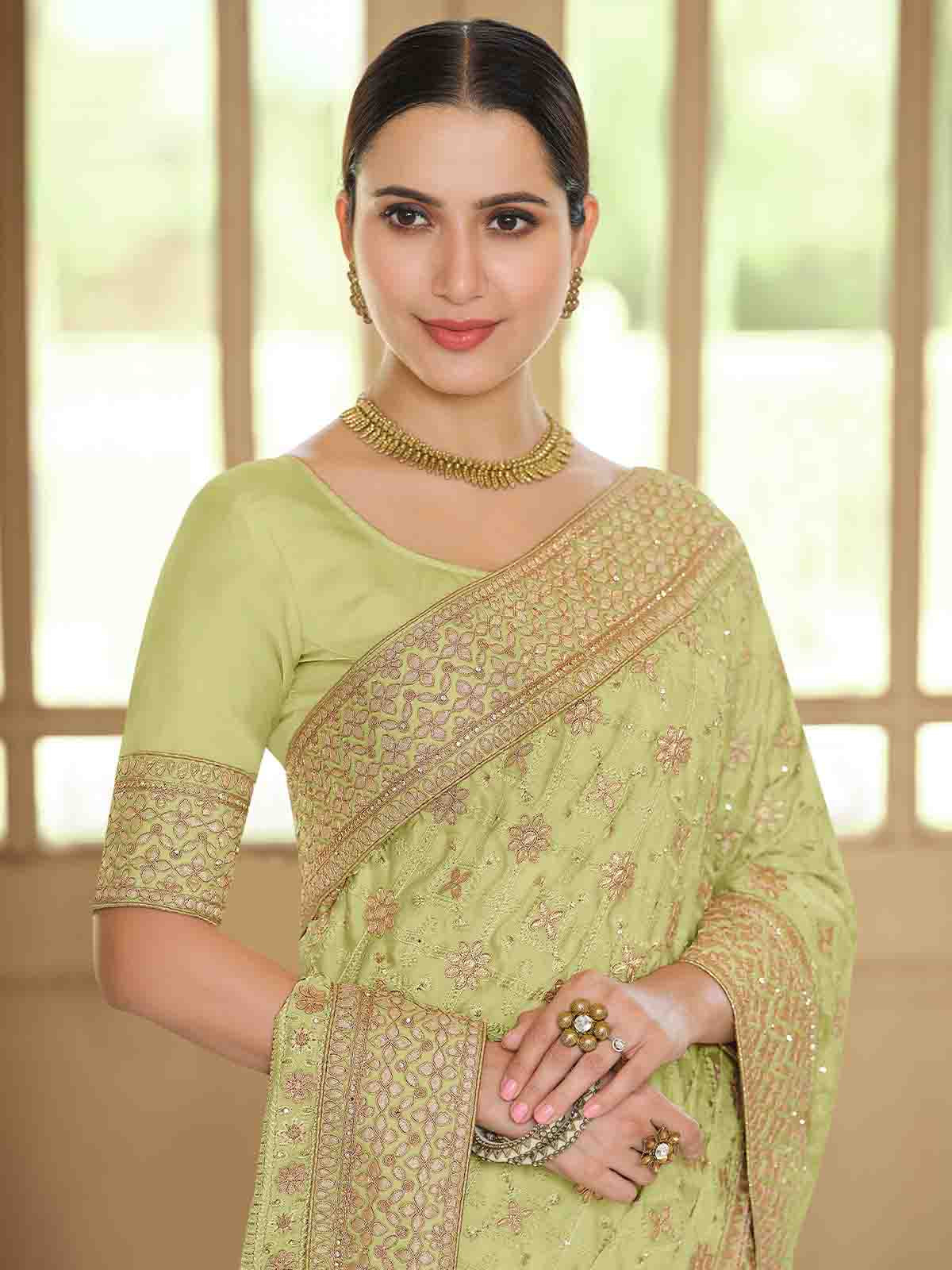 Green Satin Georgette Saree With Unstitched Blouse