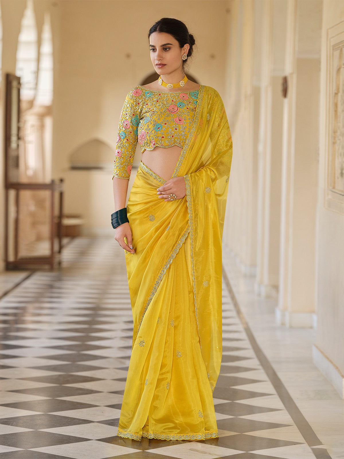 Yellow Organza Embroidered Saree With Unstitched Blouse