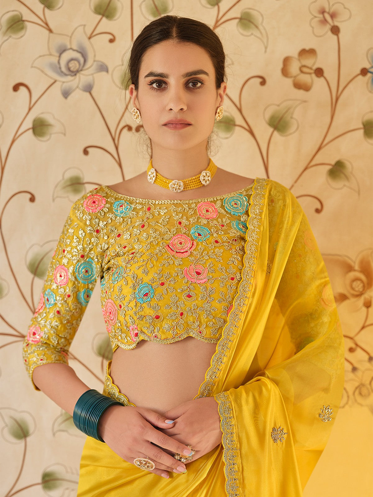 Yellow Organza Embroidered Saree With Unstitched Blouse