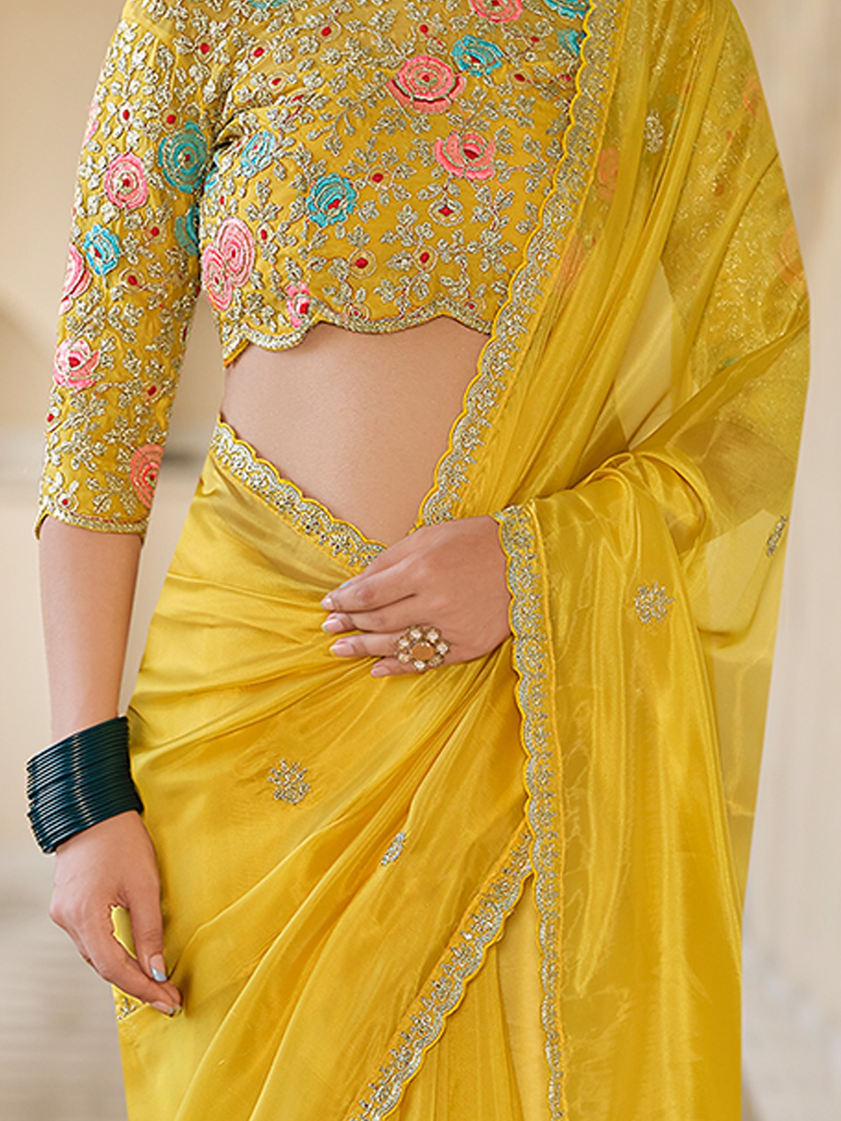Yellow Organza Embroidered Saree With Unstitched Blouse