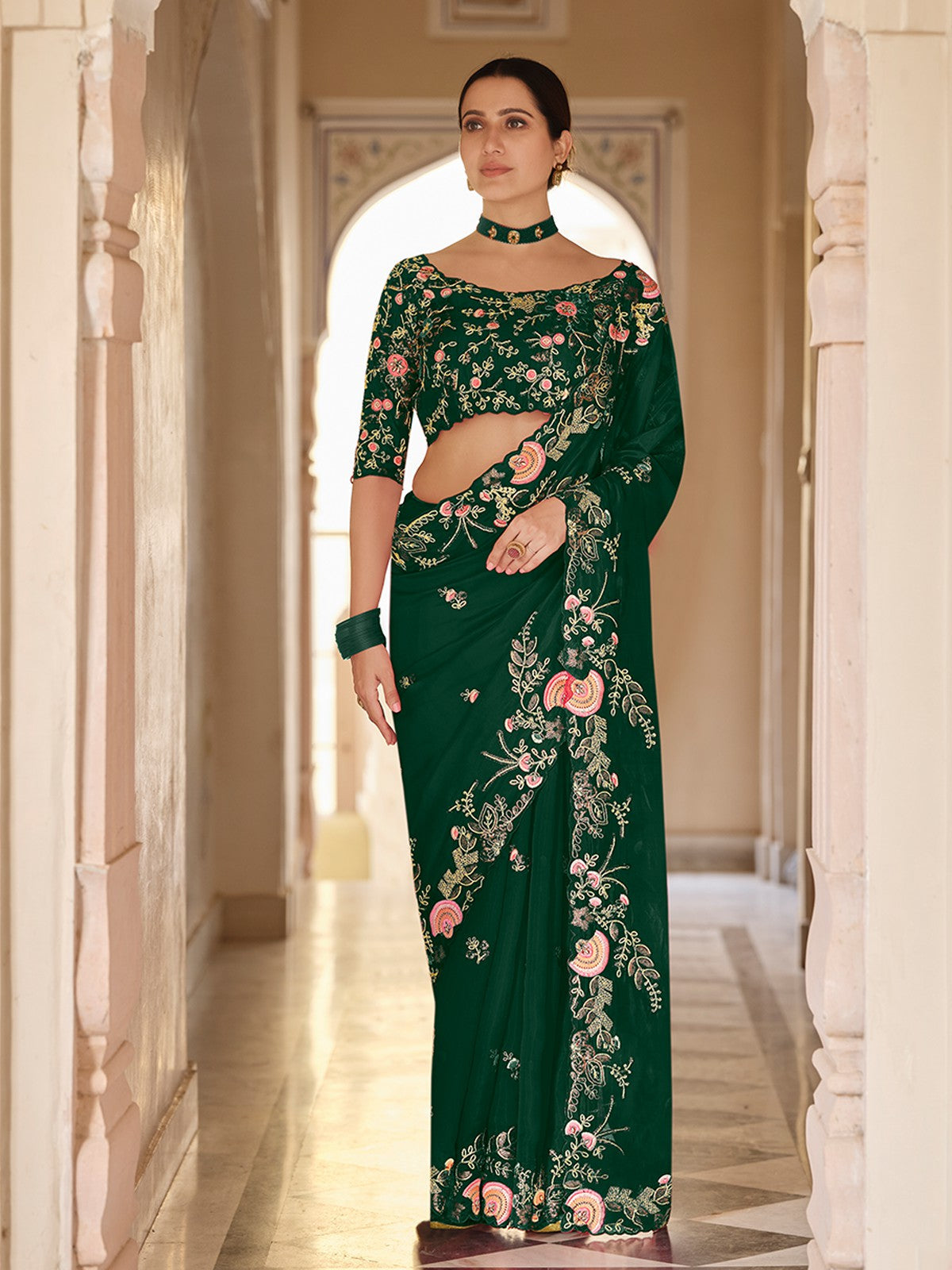 Dark Green Organza Embroidered Saree With Unstitched Blouse